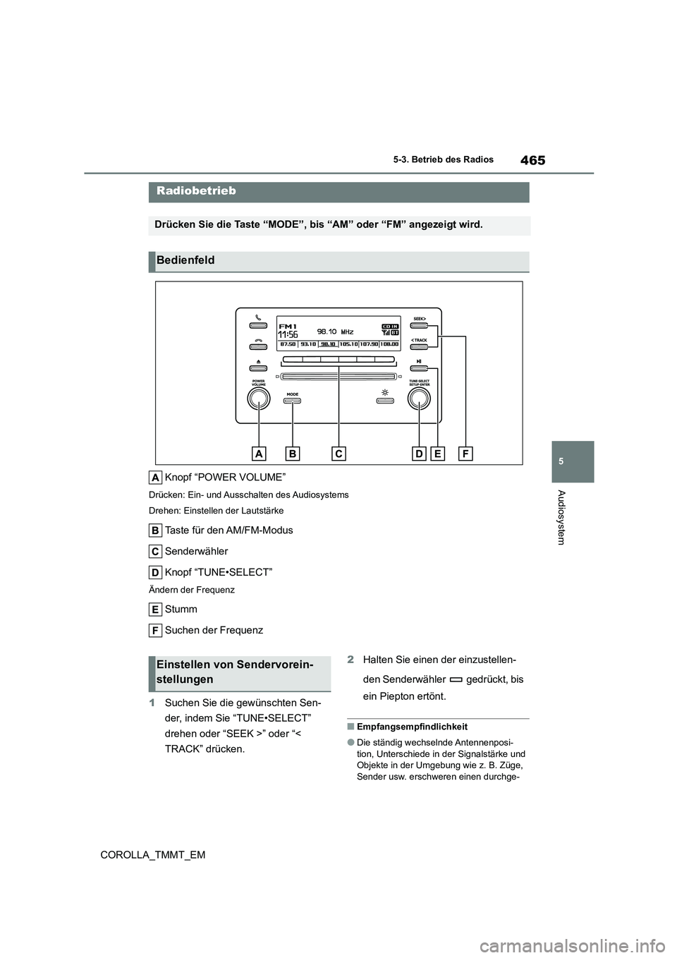 TOYOTA COROLLA 2021  Betriebsanleitungen (in German) 465
5 
5-3. Betrieb des Radios
Audiosystem
COROLLA_TMMT_EM
5-3.Betrieb des Radios
Knopf “POWER VOLUME”
Drücken: Ein- und Ausschalten des Audiosystems 
Drehen: Einstellen der Lautstärke
Taste fü
