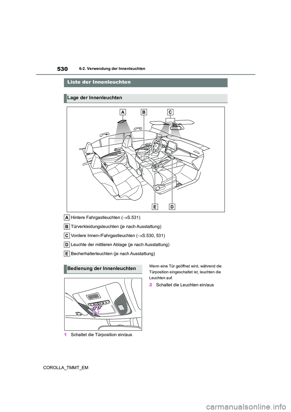 TOYOTA COROLLA 2021  Betriebsanleitungen (in German) 5306-2. Verwendung der Innenleuchten
COROLLA_TMMT_EM
6-2.Verwendung der Innenleuchten
Hintere Fahrgastleuchten (S.531) 
Türverkleidungsleuchten (je nach Ausstattung)
Vordere Innen-/Fahrgastleuchte