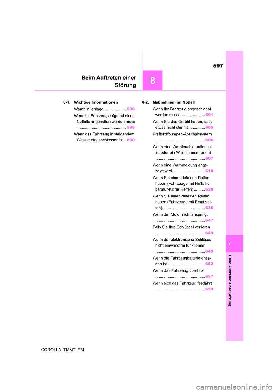 TOYOTA COROLLA 2020 Betriebsanleitungen (in German) 8
597
8
COROLLA_TMMT_EM
Beim Auftreten einer Störung
Beim Auftreten einer
Störung
.8-1. Wichtige Informationen
Warnblinkanlage .................... 598
Wenn Ihr Fahrzeug aufgrund eines
Notfalls TOYOTA COROLLA 2020 Betriebsanleitungen (in German) 8
597
8
COROLLA_TMMT_EM
Beim Auftreten einer Störung
Beim Auftreten einer
Störung
.8-1. Wichtige Informationen
Warnblinkanlage .................... 598
Wenn Ihr Fahrzeug aufgrund eines
Notfalls