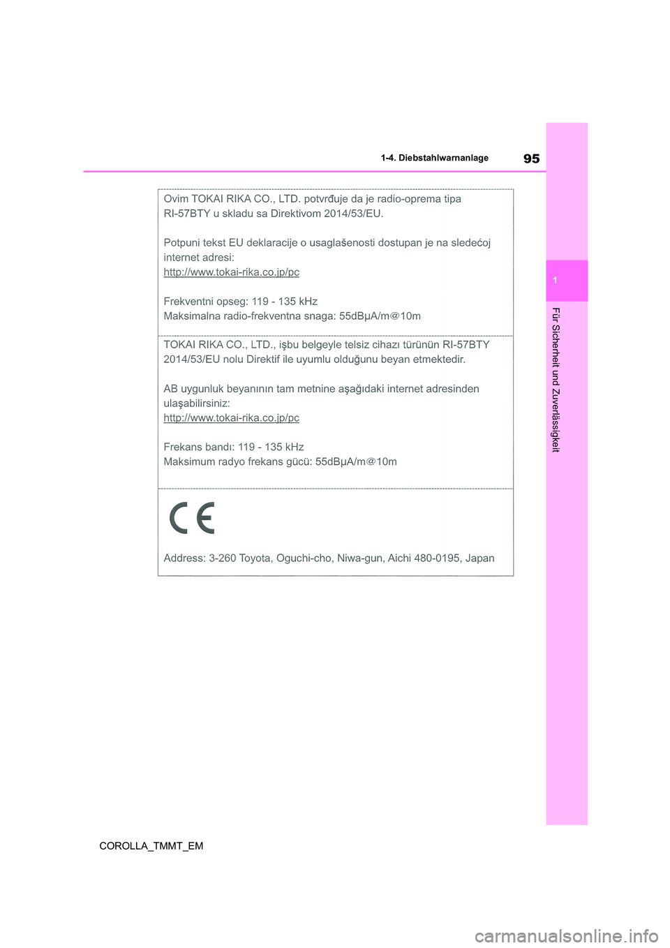 TOYOTA COROLLA 2021  Betriebsanleitungen (in German) 95
1 
1-4. Diebstahlwarnanlage
Für Sicherheit und Zuverlässigkeit
COROLLA_TMMT_EM 