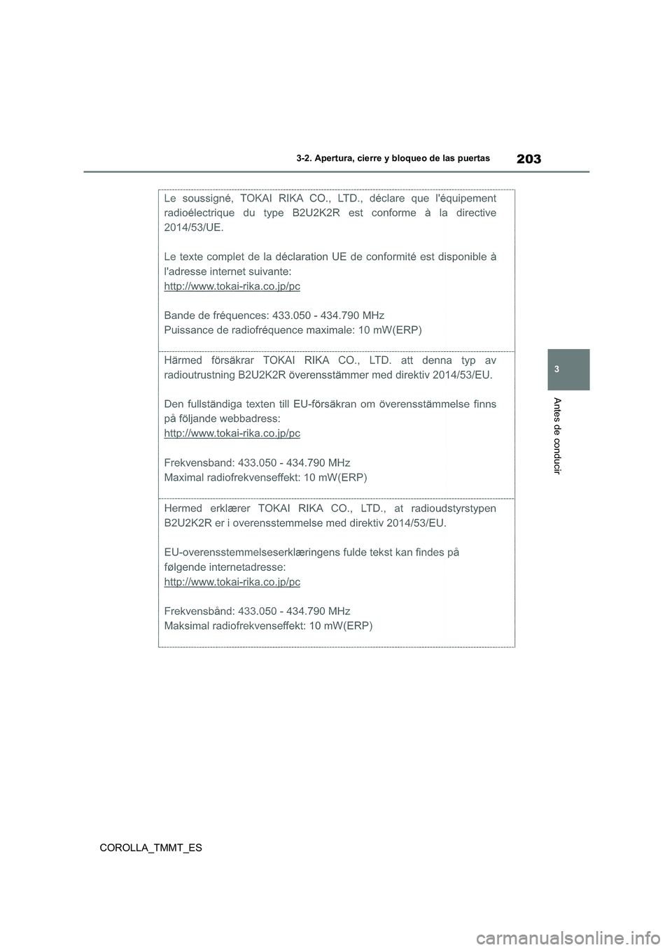 TOYOTA COROLLA 2020  Manual del propietario (in Spanish) 203
3 
3-2. Apertura, cierre y bloqueo de las puertas
Antes de conducir
COROLLA_TMMT_ES 
