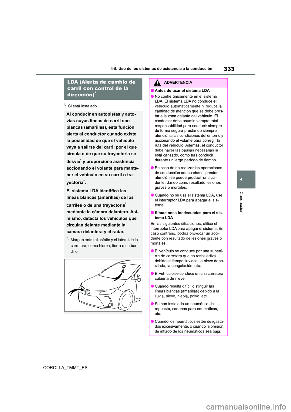 TOYOTA COROLLA 2020 Manual del propietario (in Spanish) 333
4
4-5. Uso de los sistemas de asistencia a la conducción
Conducción
COROLLA_TMMT_ES
*: Si está instalado
LDA (Alerta de cambio de
carril con control de la
dirección)*
Al conducir en autop TOYOTA COROLLA 2020 Manual del propietario (in Spanish) 333
4
4-5. Uso de los sistemas de asistencia a la conducción
Conducción
COROLLA_TMMT_ES
*: Si está instalado
LDA (Alerta de cambio de
carril con control de la
dirección)*
Al conducir en autop