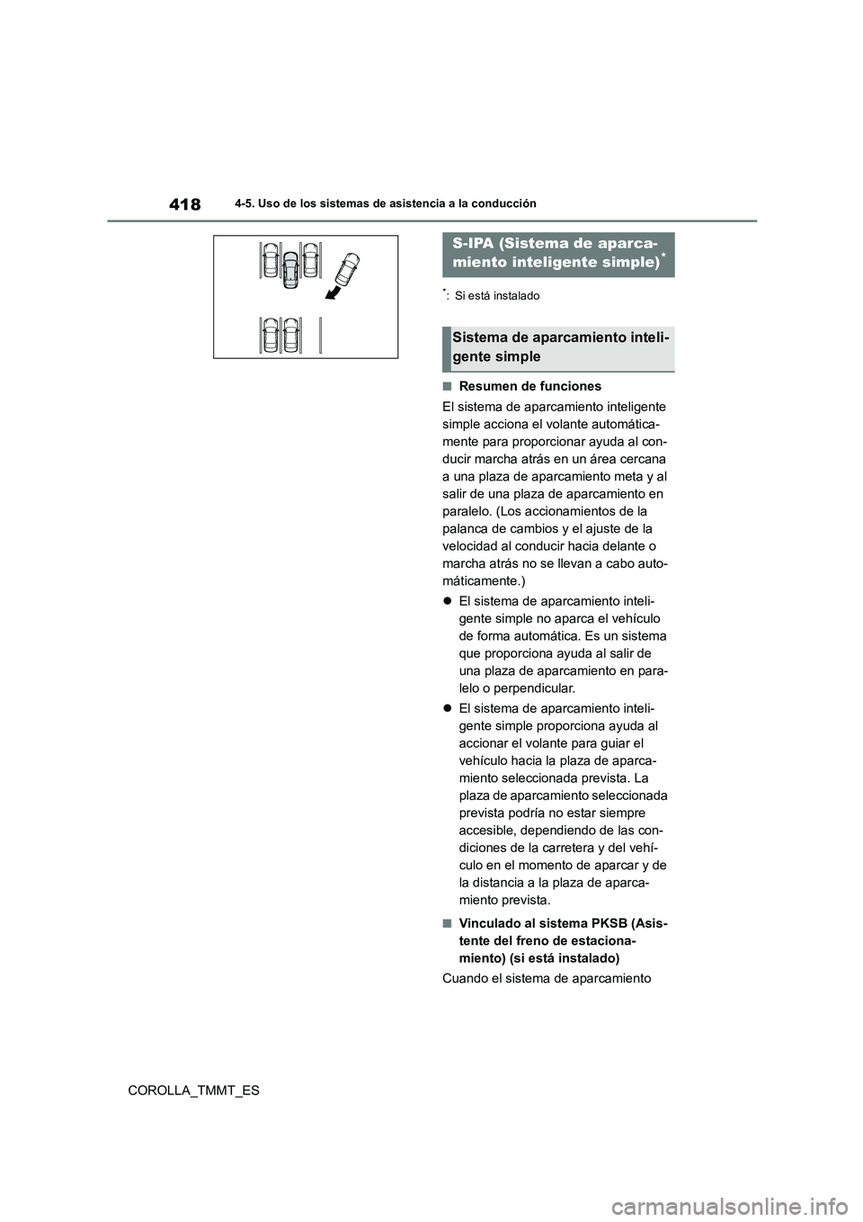 TOYOTA COROLLA 2020 Manual del propietario (in Spanish) 4184-5. Uso de los sistemas de asistencia a la conducción
COROLLA_TMMT_ES
*: Si está instalado
■Resumen de funciones
El sistema de aparcamiento inteligente
simple acciona el volante automátic TOYOTA COROLLA 2020 Manual del propietario (in Spanish) 4184-5. Uso de los sistemas de asistencia a la conducción
COROLLA_TMMT_ES
*: Si está instalado
■Resumen de funciones
El sistema de aparcamiento inteligente
simple acciona el volante automátic