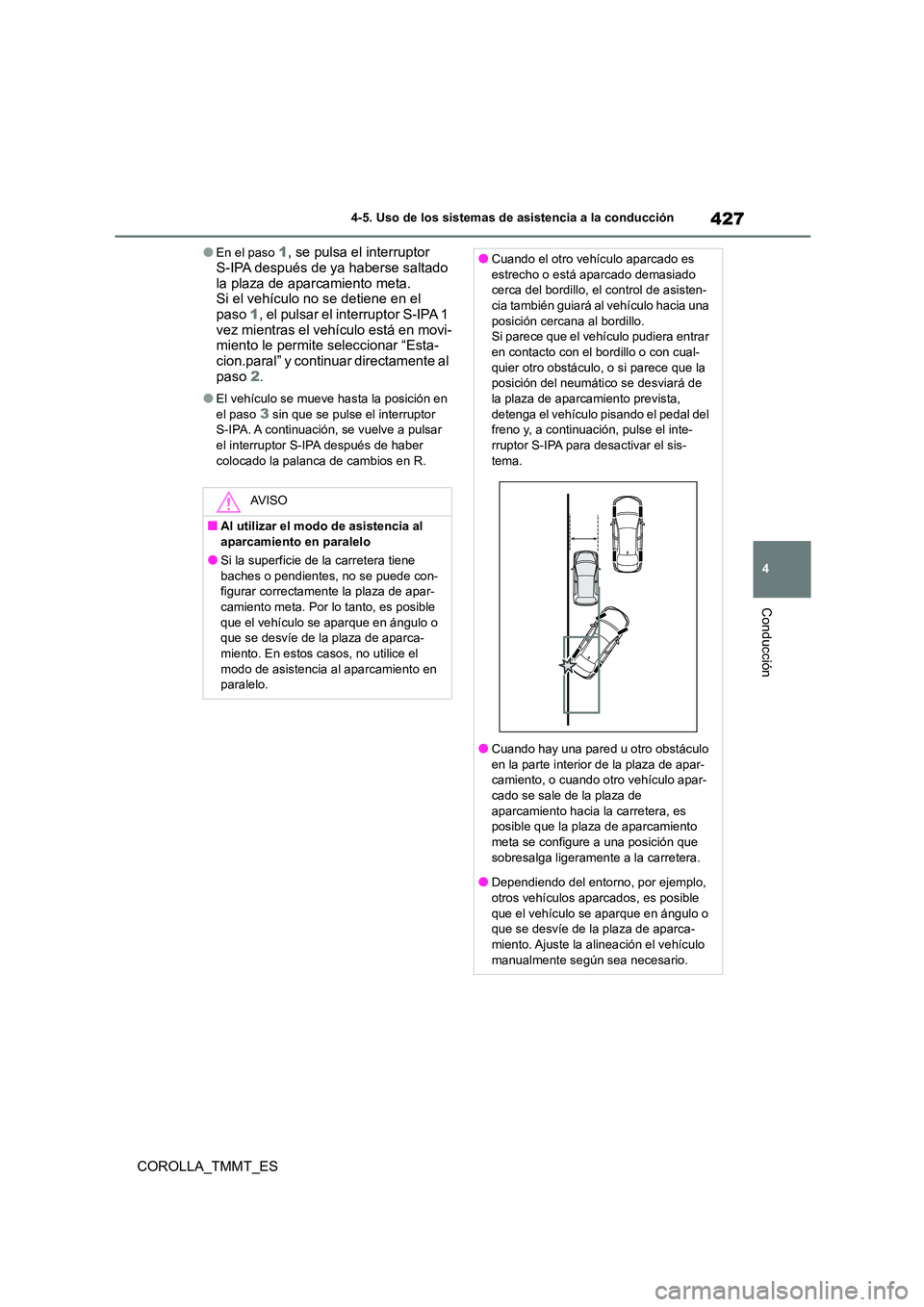 TOYOTA COROLLA 2020 Manual del propietario (in Spanish) 427
4
4-5. Uso de los sistemas de asistencia a la conducción
Conducción
COROLLA_TMMT_ES
●En el paso 1 , se pulsa el interruptor S-IPA después de ya haberse saltado
la plaza de aparcamiento me TOYOTA COROLLA 2020 Manual del propietario (in Spanish) 427
4
4-5. Uso de los sistemas de asistencia a la conducción
Conducción
COROLLA_TMMT_ES
●En el paso 1 , se pulsa el interruptor S-IPA después de ya haberse saltado
la plaza de aparcamiento me