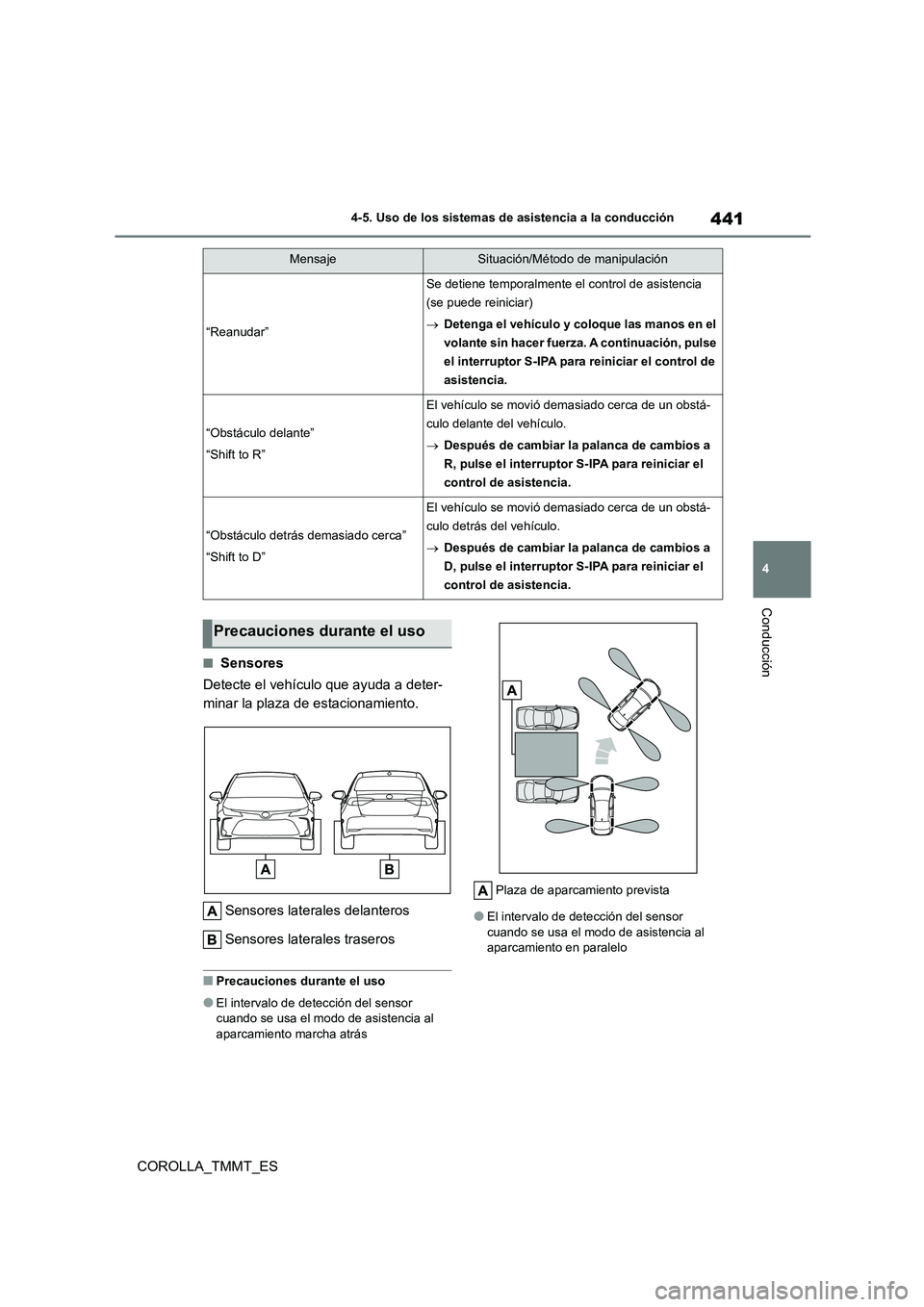 TOYOTA COROLLA 2020 Manual del propietario (in Spanish) 441
4
4-5. Uso de los sistemas de asistencia a la conducción
Conducción
COROLLA_TMMT_ES
■Sensores
Detecte el vehículo que ayuda a deter-
minar la plaza de estacionamiento.
Sensores laterales TOYOTA COROLLA 2020 Manual del propietario (in Spanish) 441
4
4-5. Uso de los sistemas de asistencia a la conducción
Conducción
COROLLA_TMMT_ES
■Sensores
Detecte el vehículo que ayuda a deter-
minar la plaza de estacionamiento.
Sensores laterales