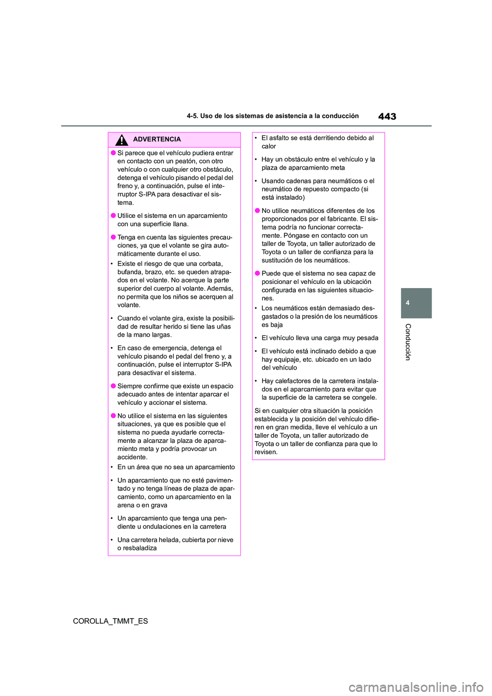 TOYOTA COROLLA 2020 Manual del propietario (in Spanish) 443
4
4-5. Uso de los sistemas de asistencia a la conducción
Conducción
COROLLA_TMMT_ES
ADVERTENCIA
●Si parece que el vehículo pudiera entrar
en contacto con un peatón, con otro
vehículo o TOYOTA COROLLA 2020 Manual del propietario (in Spanish) 443
4
4-5. Uso de los sistemas de asistencia a la conducción
Conducción
COROLLA_TMMT_ES
ADVERTENCIA
●Si parece que el vehículo pudiera entrar
en contacto con un peatón, con otro
vehículo o