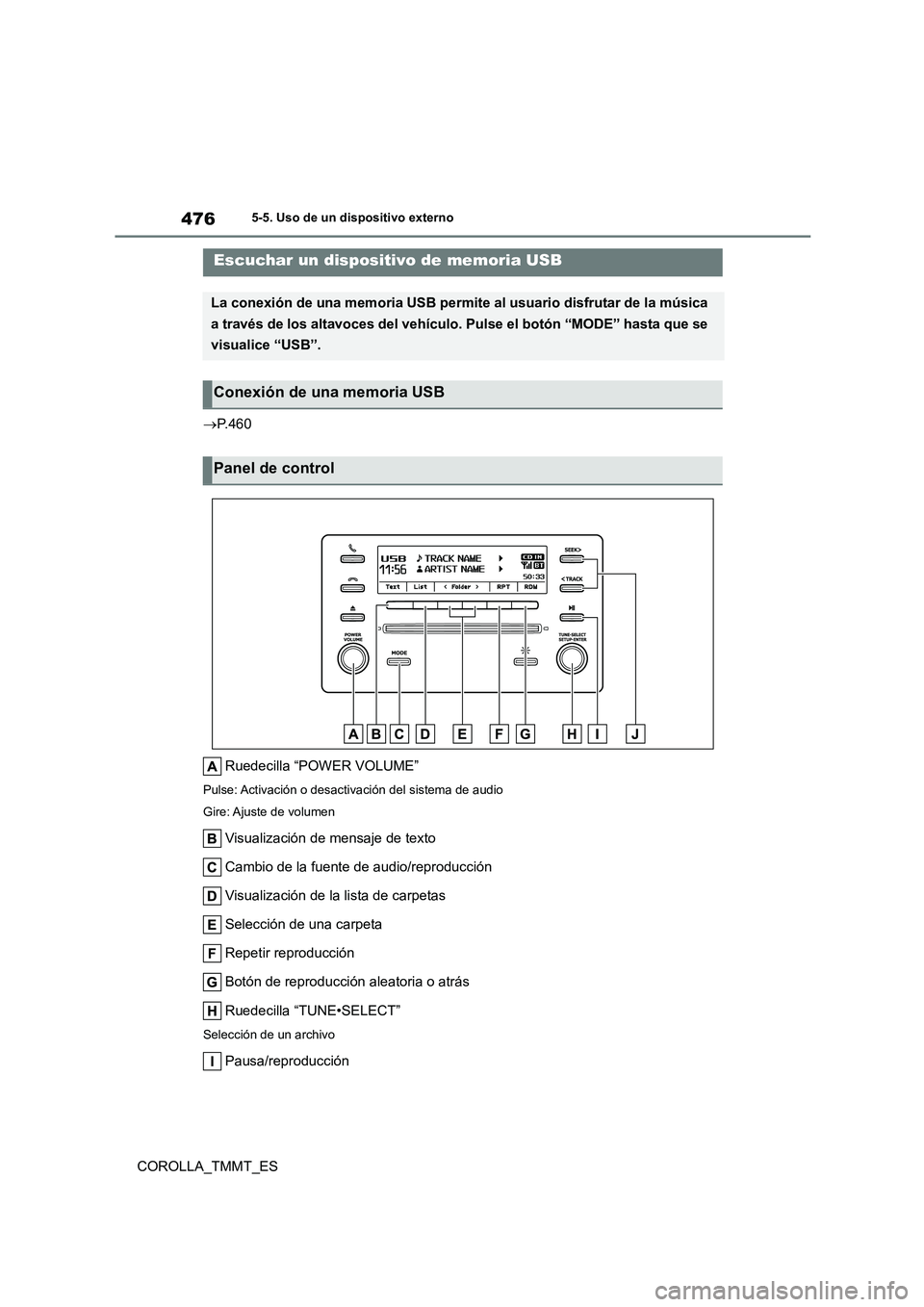TOYOTA COROLLA 2020  Manual del propietario (in Spanish) 4765-5. Uso de un dispositivo externo
COROLLA_TMMT_ES 
 P.460 
Ruedecilla “POWER VOLUME”
Pulse: Activación o desactivación del sistema de audio 
Gire: Ajuste de volumen
Visualización de mens