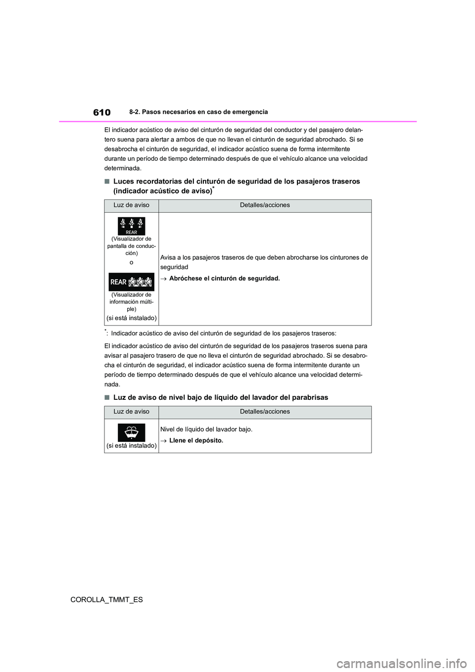 TOYOTA COROLLA 2020 Manual del propietario (in Spanish) 6108-2. Pasos necesarios en caso de emergencia
COROLLA_TMMT_ES
El indicador acústico de aviso del cinturón de seguridad del conductor y del pasajero delan-
tero suena para alertar a ambos de que no TOYOTA COROLLA 2020 Manual del propietario (in Spanish) 6108-2. Pasos necesarios en caso de emergencia
COROLLA_TMMT_ES
El indicador acústico de aviso del cinturón de seguridad del conductor y del pasajero delan-
tero suena para alertar a ambos de que no