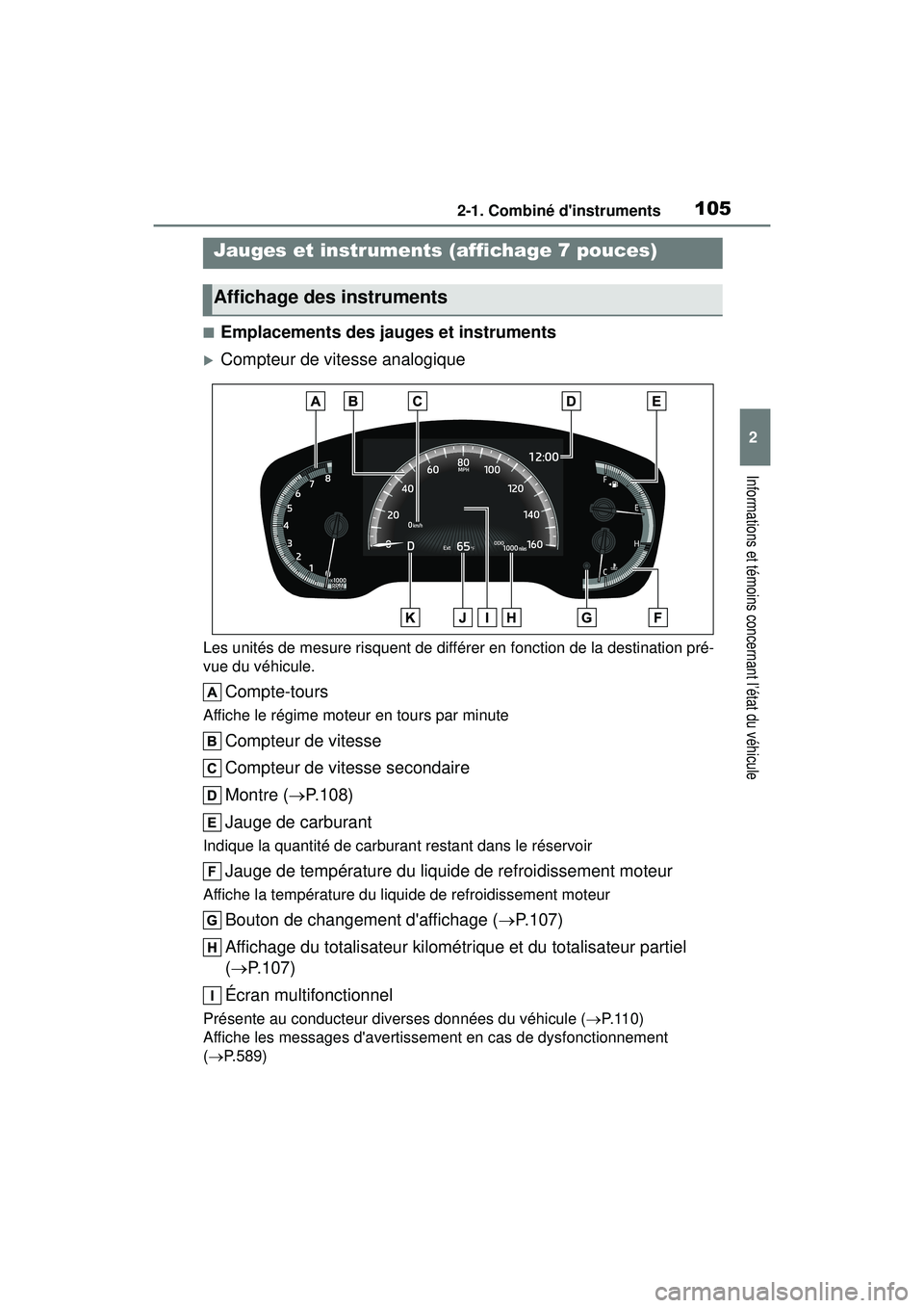 TOYOTA COROLLA 2021  Manuel du propriétaire (in French) 1052-1. Combiné dinstruments
COROLLA_D
2
Informations et témoins concernant l’état du véhicule
■Emplacements des jauges et instruments
Compteur de vitesse analogique
Les unités de mesure 