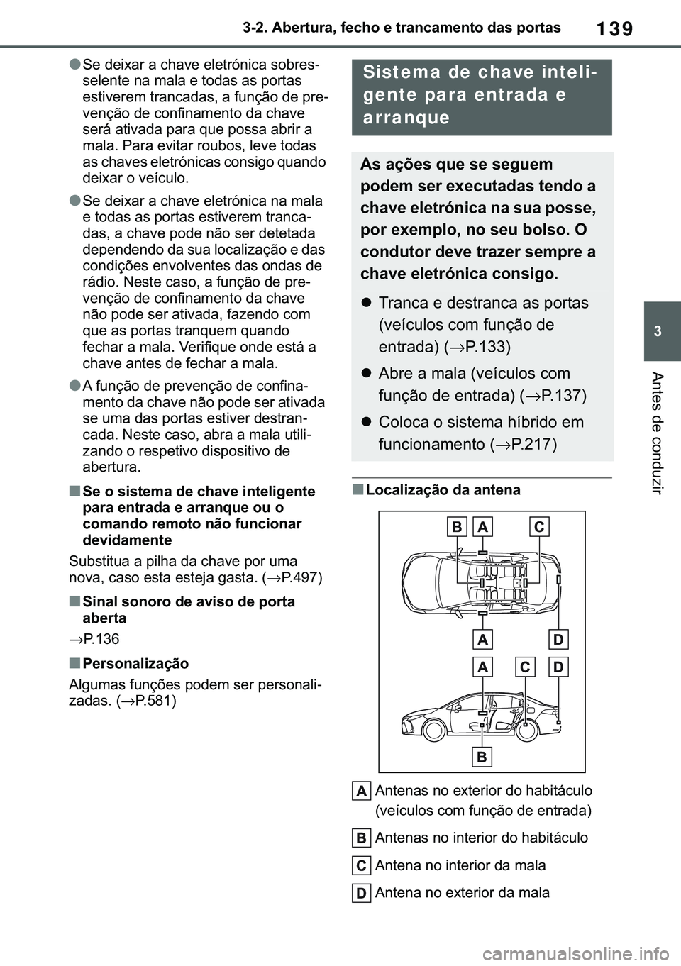 TOYOTA COROLLA 2021  Manual de utilização (in Portuguese) 139
�
�&�2�5�2�/�/�$ �+�9 �7�0�0�7 �(�(
������$�E�H�U�W�X�U�D���I�H�F�K�R��H��W�U�D�Q�F�D�P�H�Q�W�R��G�D�V��S�R�U�W�D�V
�$�Q�W�H�V��G�H��F�R�Q�G�X�]�L�U
●�6�H��G�H�L�[�D�U��D��F�K�D