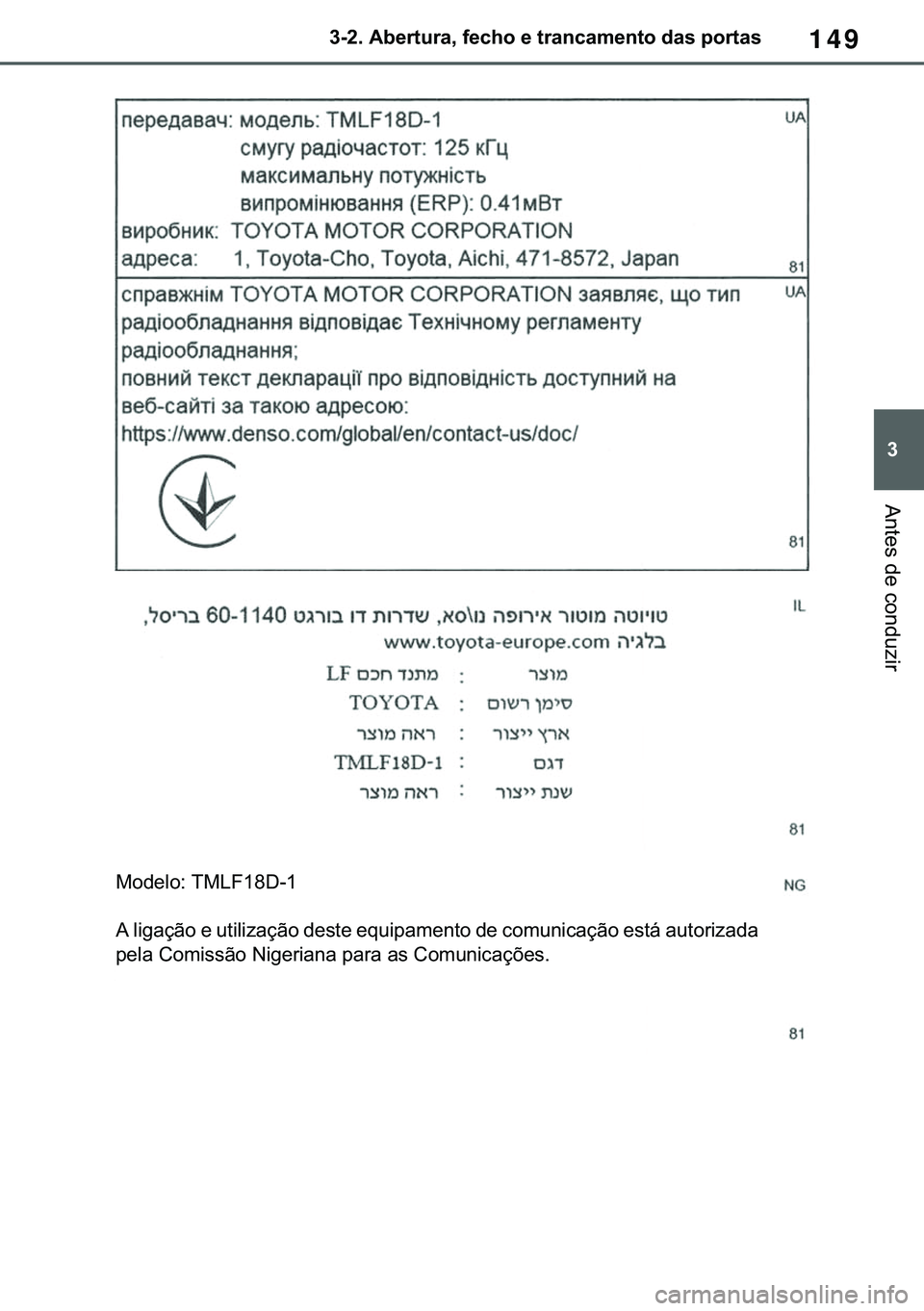 TOYOTA COROLLA 2021  Manual de utilização (in Portuguese) 149
�
�&�2�5�2�/�/�$ �+�9 �7�0�0�7 �(�(
������$�E�H�U�W�X�U�D���I�H�F�K�R��H��W�U�D�Q�F�D�P�H�Q�W�R��G�D�V��S�R�U�W�D�V
�$�Q�W�H�V��G�H��F�R�Q�G�X�]�L�U
�0�R�G�H�O�R���7�0�/�)�����