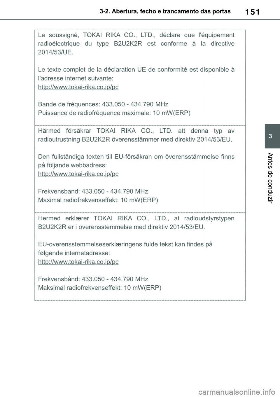 TOYOTA COROLLA 2021  Manual de utilização (in Portuguese) 151
�
�&�2�5�2�/�/�$ �+�9 �7�0�0�7 �(�(
������$�E�H�U�W�X�U�D���I�H�F�K�R��H��W�U�D�Q�F�D�P�H�Q�W�R��G�D�V��S�R�U�W�D�V
�$�Q�W�H�V��G�H��F�R�Q�G�X�]�L�U
�������3������D����