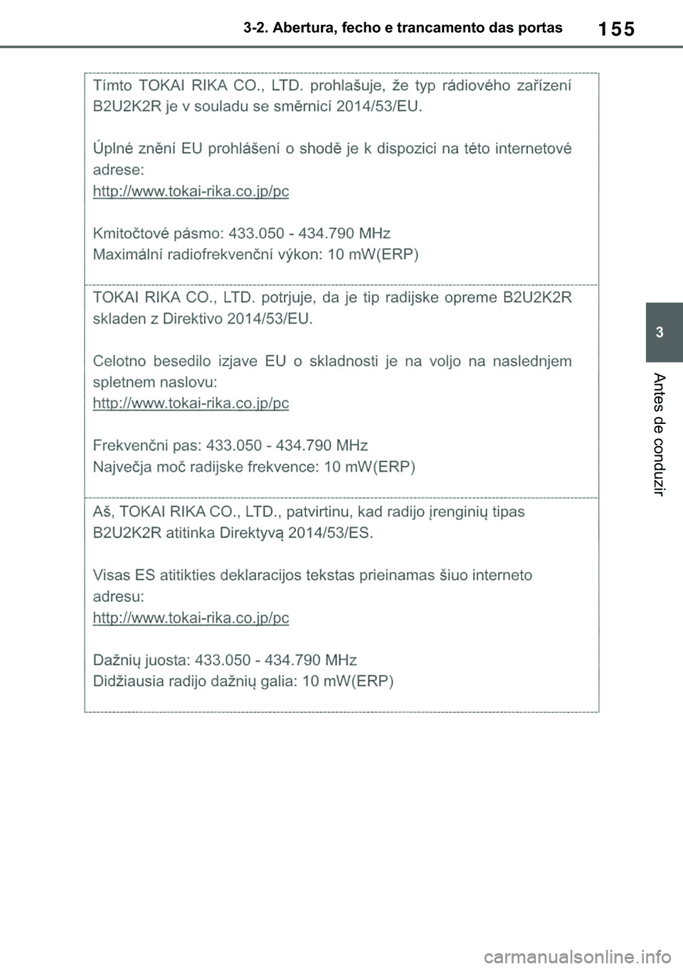 TOYOTA COROLLA 2021  Manual de utilização (in Portuguese) 155
�
�&�2�5�2�/�/�$ �+�9 �7�0�0�7 �(�(
������$�E�H�U�W�X�U�D���I�H�F�K�R��H��W�U�D�Q�F�D�P�H�Q�W�R��G�D�V��S�R�U�W�D�V
�$�Q�W�H�V��G�H��F�R�Q�G�X�]�L�U
�������3������D����