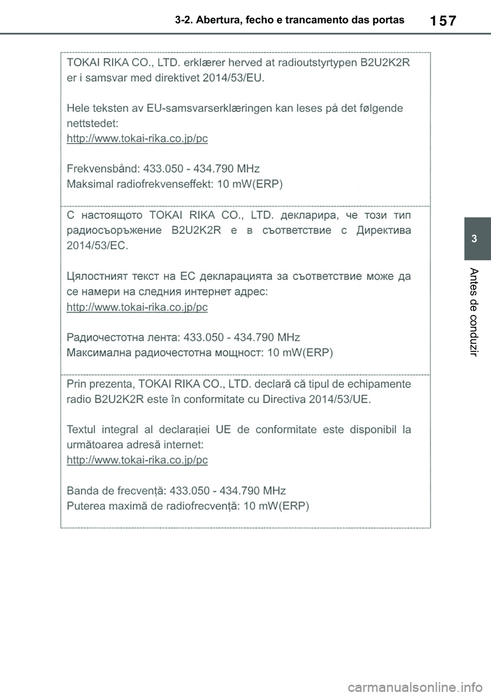 TOYOTA COROLLA 2021  Manual de utilização (in Portuguese) 157
�
�&�2�5�2�/�/�$ �+�9 �7�0�0�7 �(�(
������$�E�H�U�W�X�U�D���I�H�F�K�R��H��W�U�D�Q�F�D�P�H�Q�W�R��G�D�V��S�R�U�W�D�V
�$�Q�W�H�V��G�H��F�R�Q�G�X�]�L�U
�������3������D����