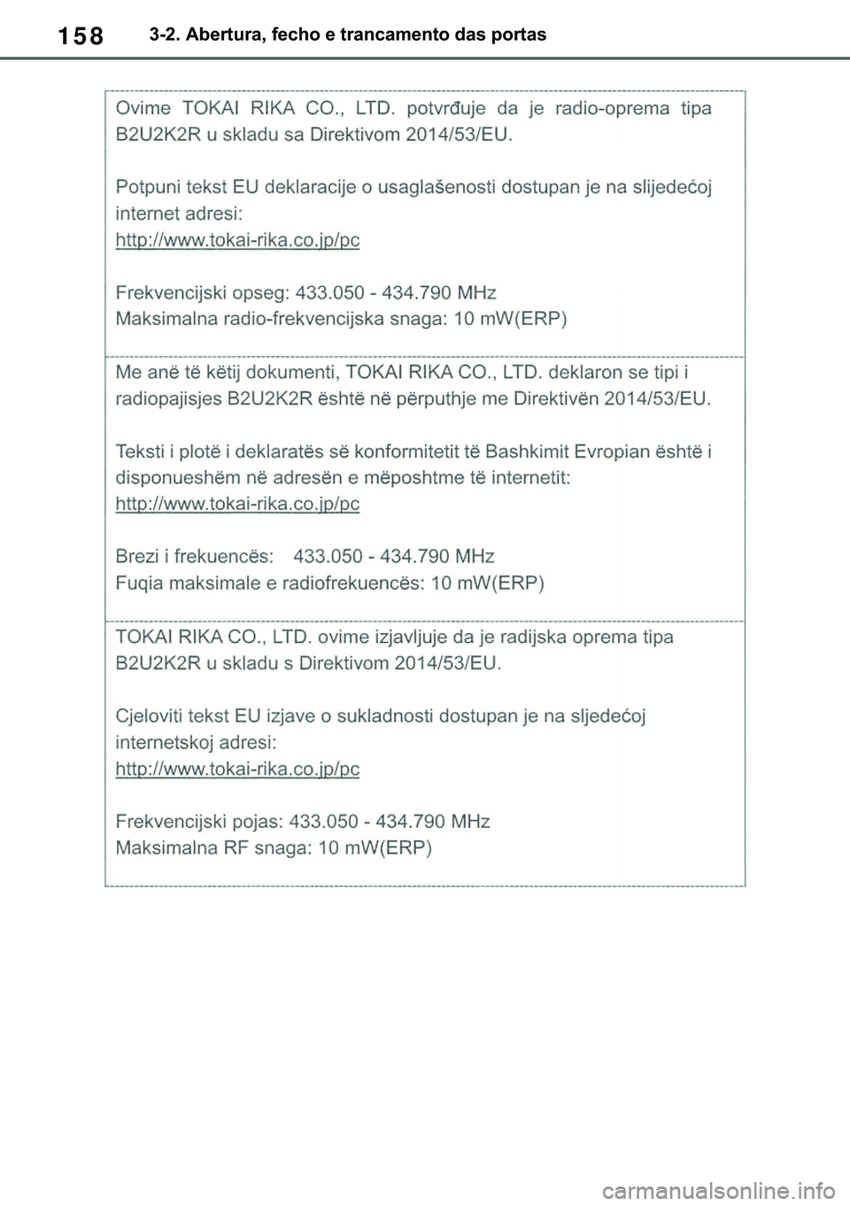 TOYOTA COROLLA 2021  Manual de utilização (in Portuguese) 158
�&�2�5�2�/�/�$ �+�9 �7�0�0�7 �(�(
������$�E�H�U�W�X�U�D���I�H�F�K�R��H��W�U�D�Q�F�D�P�H�Q�W�R��G�D�V��S�R�U�W�D�V
�������3������D������I�P���3�D�J�H�������:�H�G�