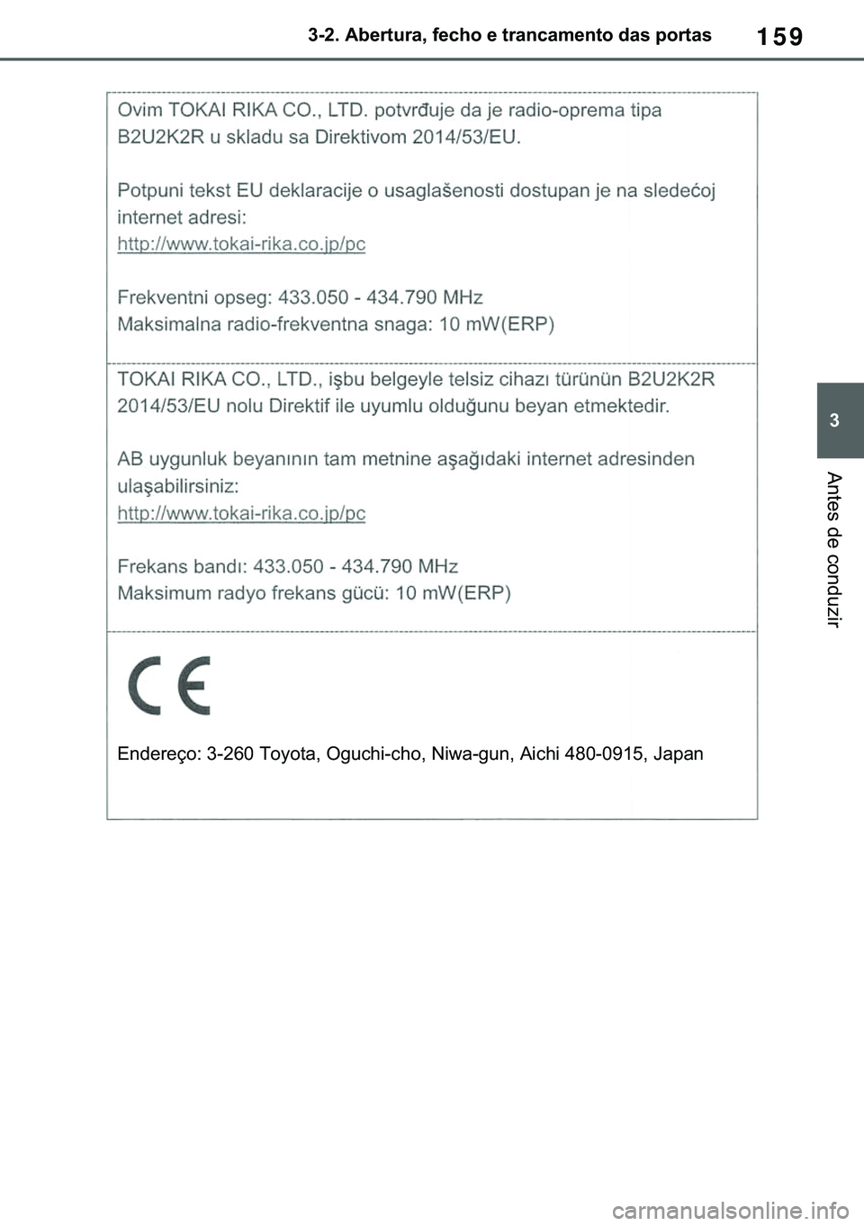 TOYOTA COROLLA 2021  Manual de utilização (in Portuguese) 159
�
�&�2�5�2�/�/�$ �+�9 �7�0�0�7 �(�(
������$�E�H�U�W�X�U�D���I�H�F�K�R��H��W�U�D�Q�F�D�P�H�Q�W�R��G�D�V��S�R�U�W�D�V
�$�Q�W�H�V��G�H��F�R�Q�G�X�]�L�U
�(�Q�G�H�U�H�o�R���������