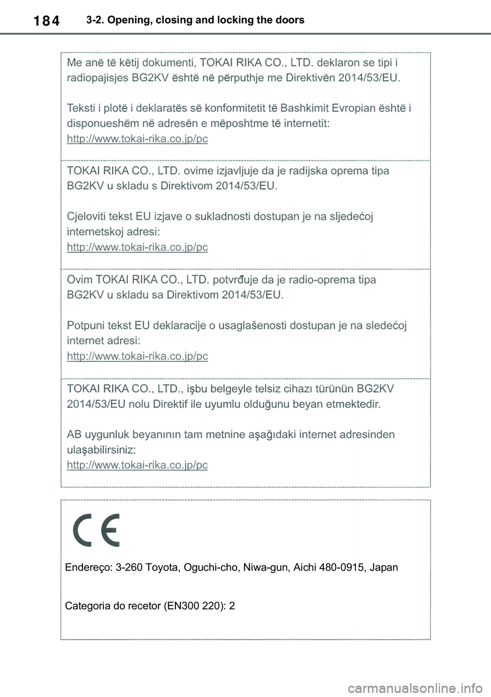 TOYOTA COROLLA 2020  Manual de utilização (in Portuguese) 184
�&�2�5�2�/�/�$ �+�9 �7�0�0�7 �(�(
������2�S�H�Q�L�Q�J���F�O�R�V�L�Q�J��D�Q�G��O�R�F�N�L�Q�J��W�K�H��G�R�R�U�V
�(�Q�G�H�U�H�o�R���������7�R�\�R�W�D���2�J�X�F�K�L��F�K�R���1�