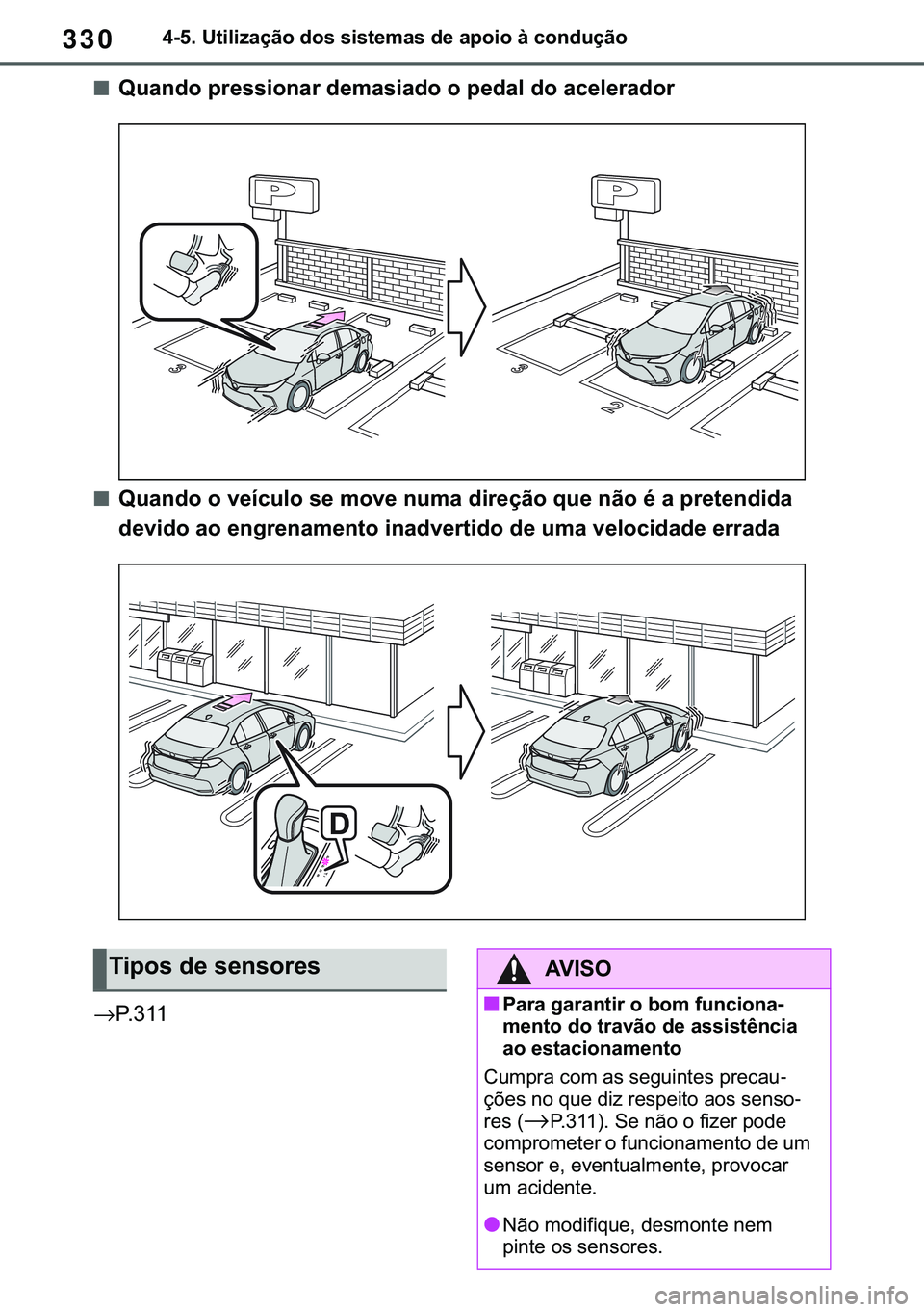 TOYOTA COROLLA 2020  Manual de utilização (in Portuguese) 330
�&�2�5�2�/�/�$ �+�9 �7�0�0�7 �(�(
������8�W�L�O�L�]�D�o�m�R��G�R�V��V�L�V�W�H�P�D�V��G�H��D�S�R�L�R��j��F�R�Q�G�X�o�m�R
■�4�X�D�Q�G�R��S�U�H�V�V�L�R�Q�D�U��G�H�P�D�V�L�D�G�R��R��S