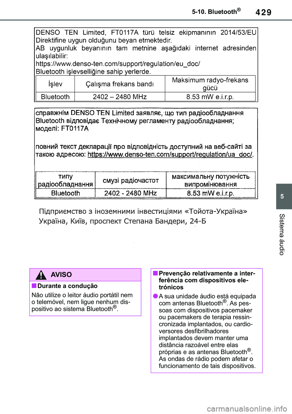 TOYOTA COROLLA 2020  Manual de utilização (in Portuguese) 429
�
�&�2�5�2�/�/�$ �+�9 �7�0�0�7 �(�(
�������%�O�X�H�W�R�R�W�K�Š
�6�L�V�W�H�P�D��i�X�G�L�R
�$�9�,�6�2
■��X�U�D�Q�W�H��D��F�R�Q�G�X�o�m�R
�1�m�R��X�W�L�O�L�]�H��R��O�H�L�W�R�U��i�X�