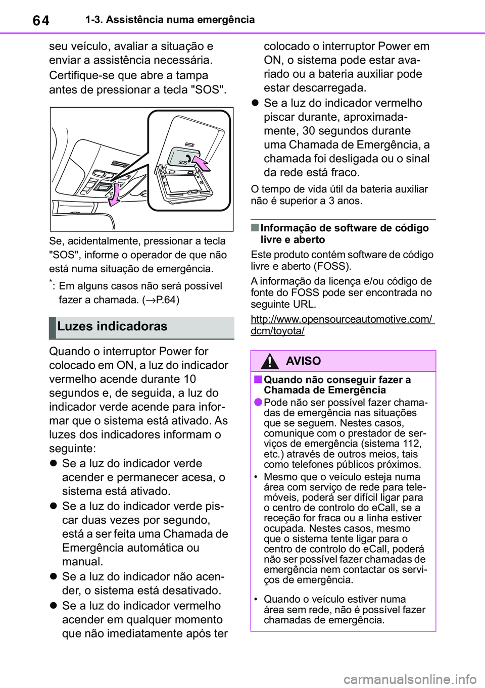 TOYOTA COROLLA 2021  Manual de utilização (in Portuguese) 64
�&�2�5�2�/�/�$ �+�9 �7�0�0�7 �(�(
������$�V�V�L�V�W�r�Q�F�L�D��Q�X�P�D��H�P�H�U�J�r�Q�F�L�D
�V�H�X��Y�H�t�F�X�O�R���D�Y�D�O�L�D�U��D��V�L�W�X�D�o�m�R��H�
�H�Q�Y�L�D�U��D��D�V�V�L�V�