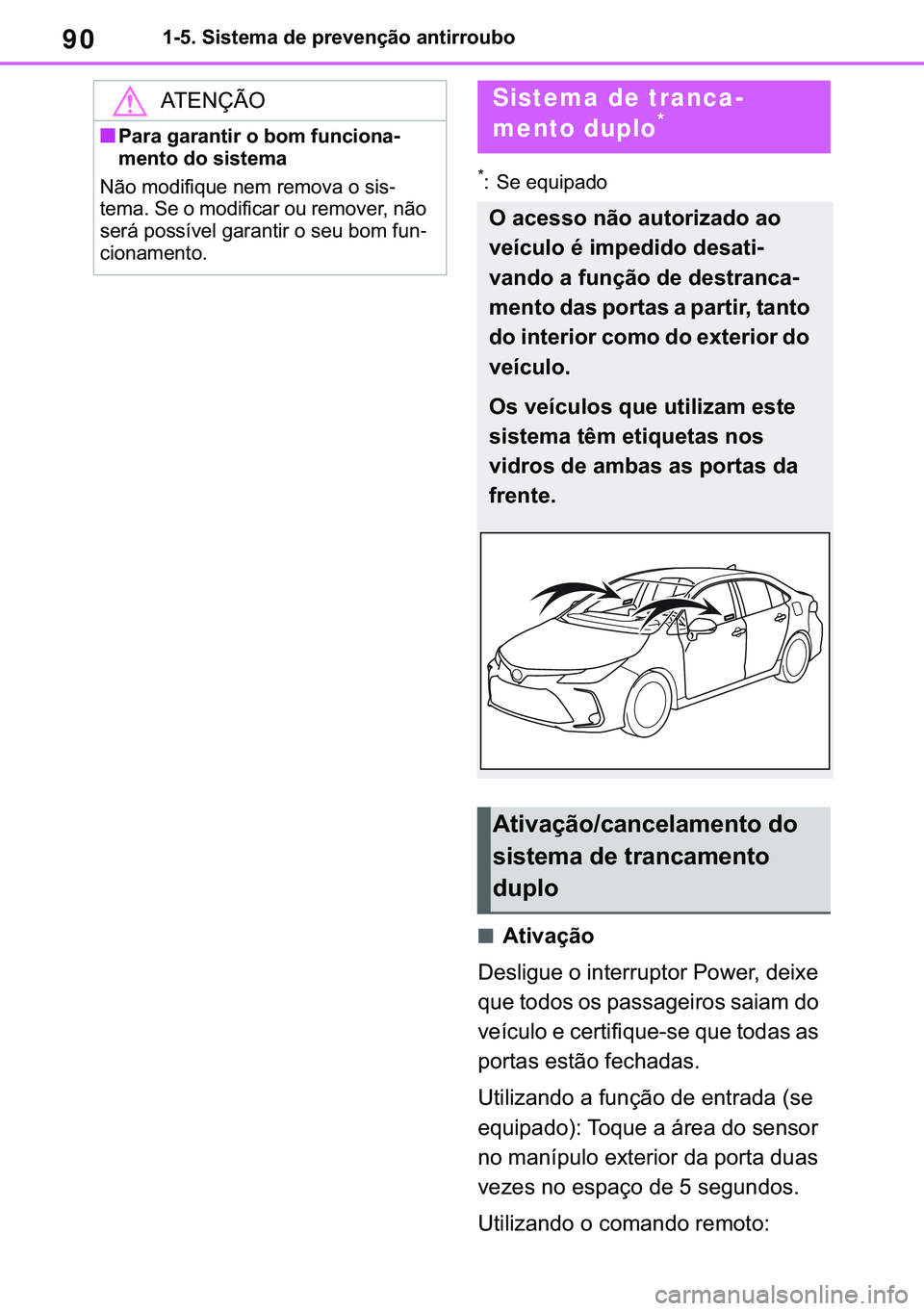 TOYOTA COROLLA 2021  Manual de utilização (in Portuguese) 90
�&�2�5�2�/�/�$ �+�9 �7�0�0�7 �(�(
������6�L�V�W�H�P�D��G�H��S�U�H�Y�H�Q�o�m�R��D�Q�W�L�U�U�R�X�E�R
�
� �6�H��H�T�X�L�S�D�G�R
■�$�W�L�Y�D�o�m�R
��H�V�O�L�J�X�H��R��L�Q�W�H�U�U�X�S�W�R