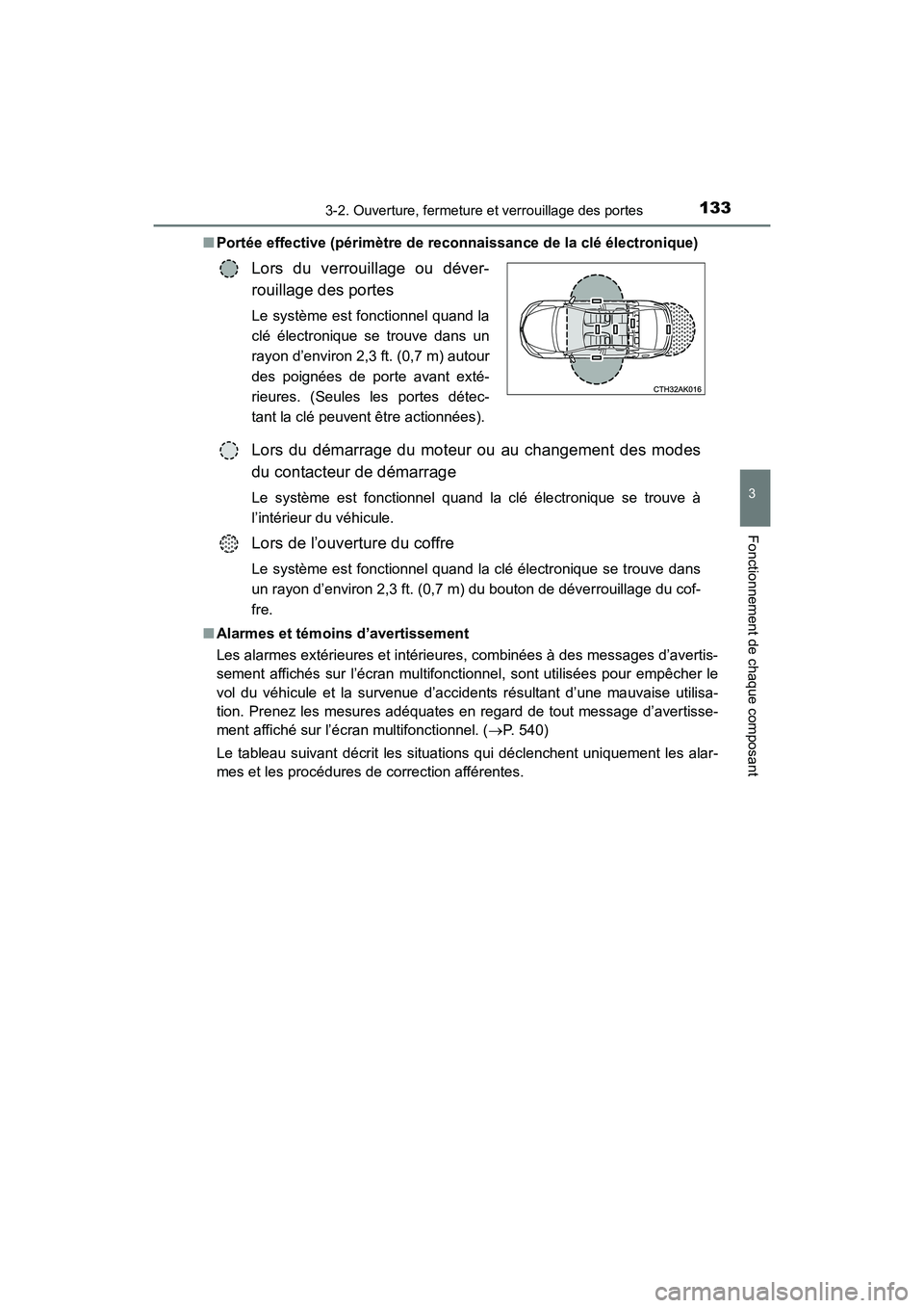 TOYOTA COROLLA 2019  Manuel du propriétaire (in French) 1333-2. Ouverture, fermeture et verrouillage des portes
3
Fonctionnement de chaque composant
COROLLA_TMMMS_TMMC_D■
Portée effective (périmètre de reconnaissance de la clé électronique)
■ Alar