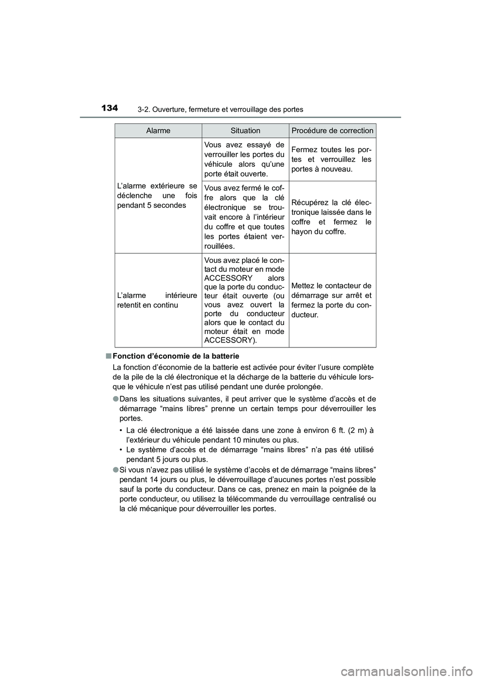 TOYOTA COROLLA 2019  Manuel du propriétaire (in French) 1343-2. Ouverture, fermeture et verrouillage des portes
COROLLA_TMMMS_TMMC_D■
Fonction d’économie de la batterie
La fonction d’économie de la batterie est activée pour éviter l’usure compl