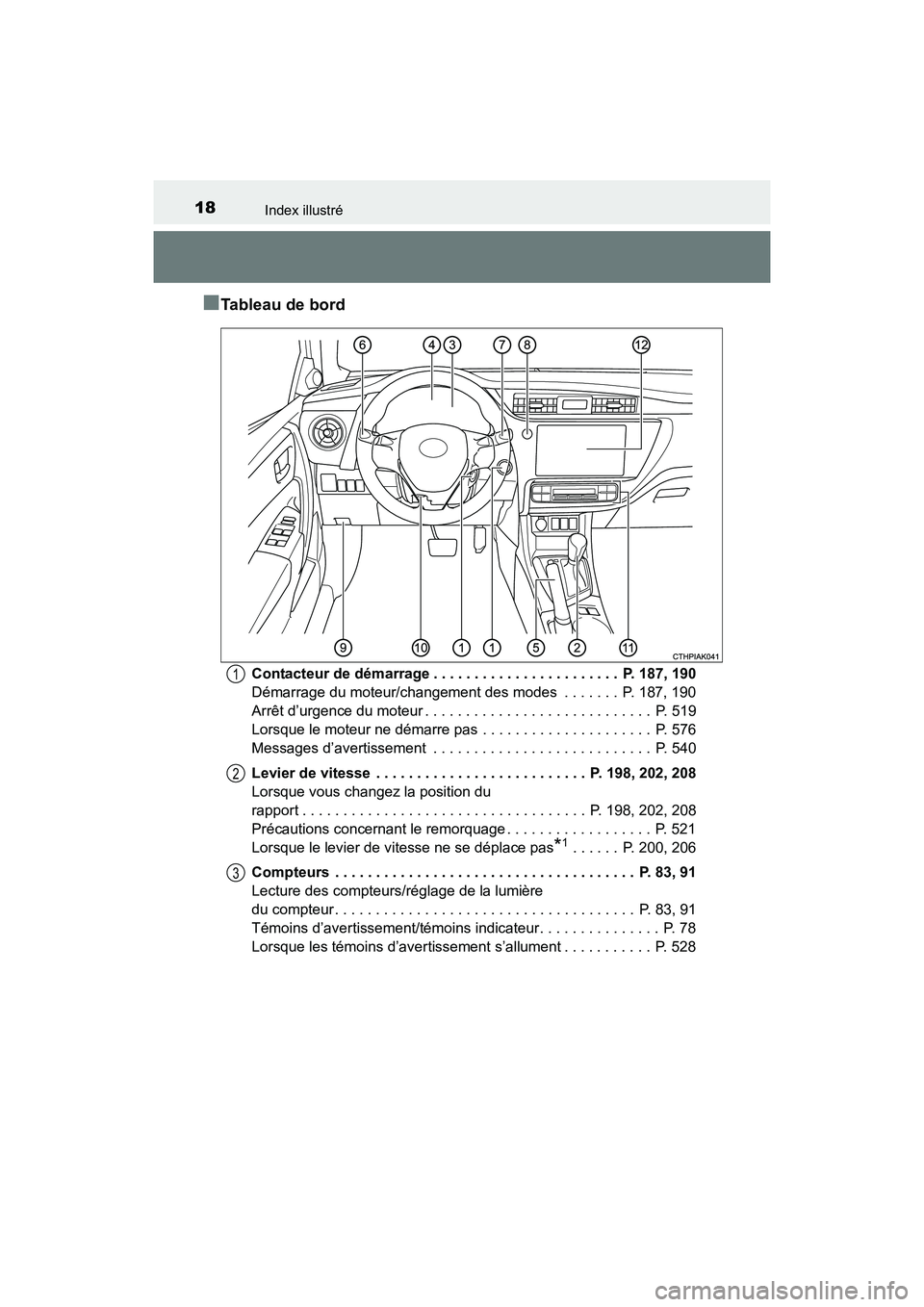 TOYOTA COROLLA 2019  Manuel du propriétaire (in French) 18Index illustré
COROLLA_TMMMS_TMMC_D
■Tableau de bord
Contacteur de démarrage . . . . . . . . . . . . . . . . . . . . . . .  P. 187, 190
Démarrage du moteur/changement des modes  . . . . . . .  