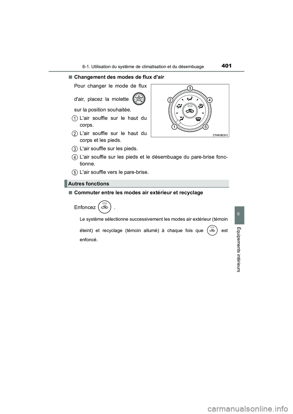 TOYOTA COROLLA 2019  Manuel du propriétaire (in French) 4016-1. Utilisation du système de climatisation et du désembuage
6
Équipements intérieurs
COROLLA_TMMMS_TMMC_D■
Changement des modes de flux dair
Pour changer le mode de flux
dair, placez la m