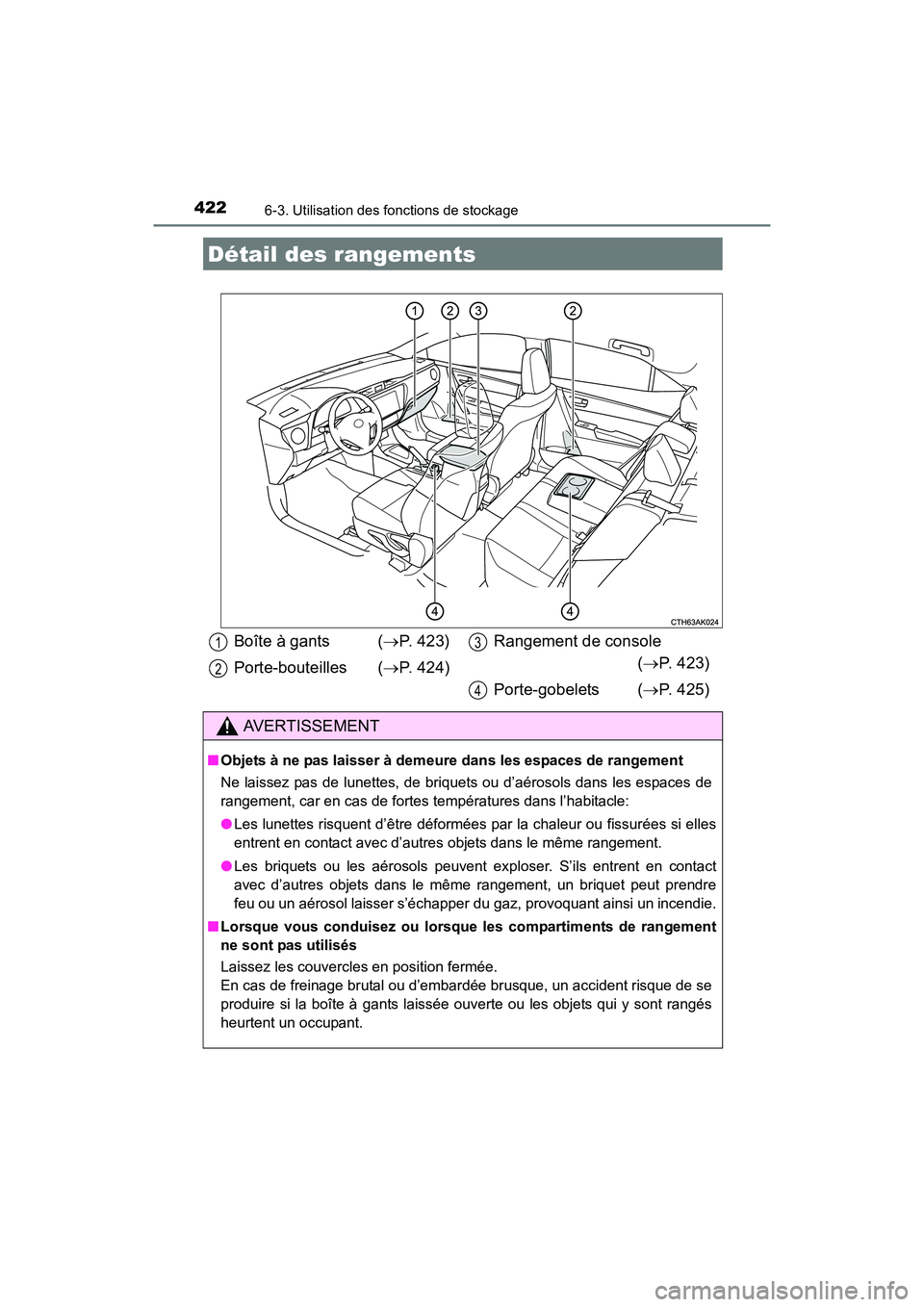 TOYOTA COROLLA 2019  Manuel du propriétaire (in French) 422
COROLLA_TMMMS_TMMC_D
6-3. Utilisation des fonctions de stockage
Détail des rangements
Boîte à gants  (→P. 423)
Porte-bouteilles ( →P. 424) Rangement de console
 (→ P. 423)
Porte-gobelets 