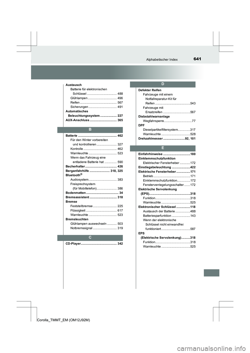 TOYOTA COROLLA 2017  Betriebsanleitungen (in German) 641Alphabetischer Index
Corolla_TMMT_EM (OM12J92M)
AustauschBatterie für elektronischen 
Schlüssel .................................. 488
Glühlampen ................................. 496
Reifen ...