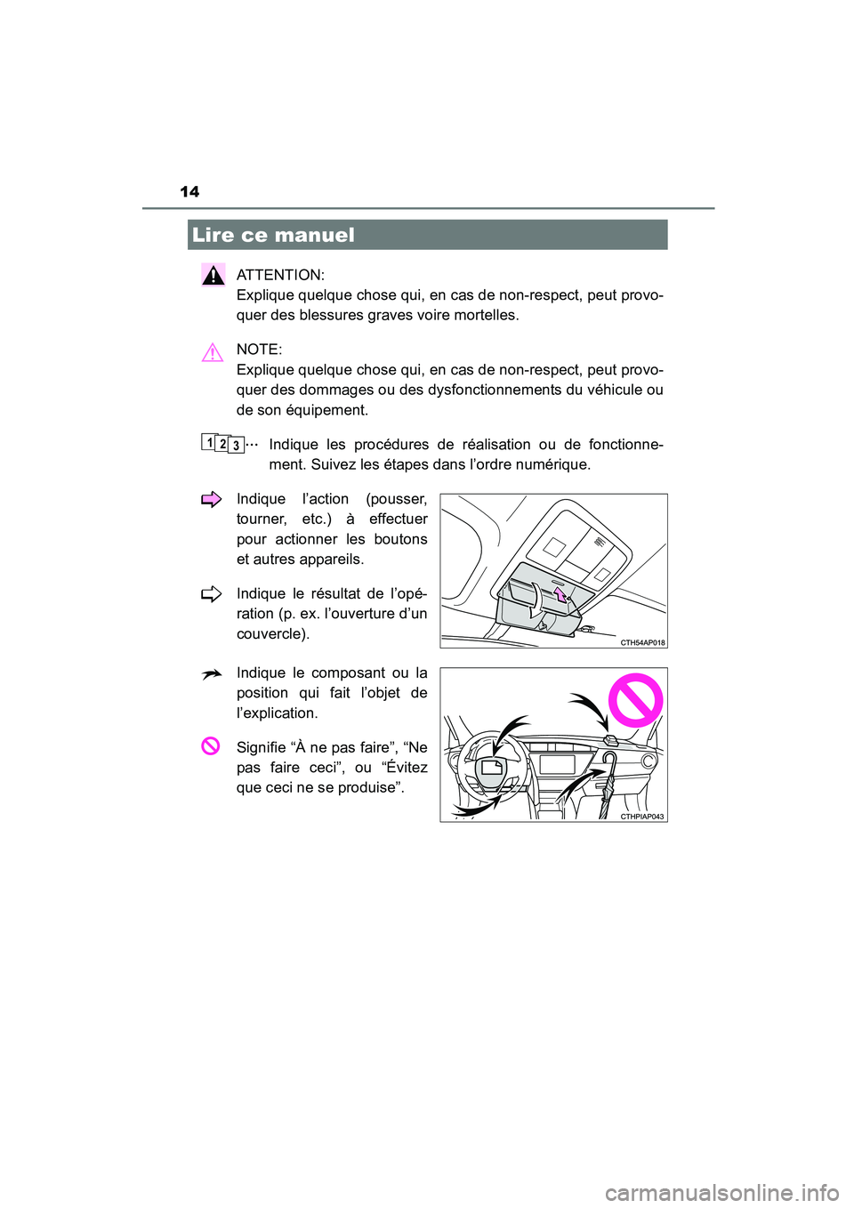 TOYOTA COROLLA 2016  Manuel du propriétaire (in French) 14
COROLLA_TMMMS_TMMC_D (OM12J84D)
ATTENTION: 
Explique quelque chose qui, en cas de non-respect, peut provo-
quer des blessures graves voire mortelles.
NOTE: 
Explique quelque chose qui, en cas de no
