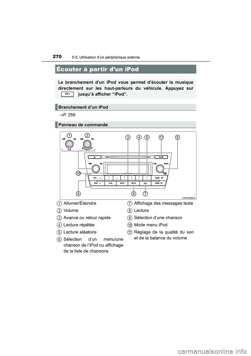 TOYOTA COROLLA 2016  Manuel du propriétaire (in French) 270
COROLLA_TMMMS_TMMC_D (OM12J84D)
5-5. Utilisation d’un périphérique externe
→P.  2 5 6
Écouter à par tir d’un iPod
Le branchement d’un iPod vous permet d’écouter la musique
directeme