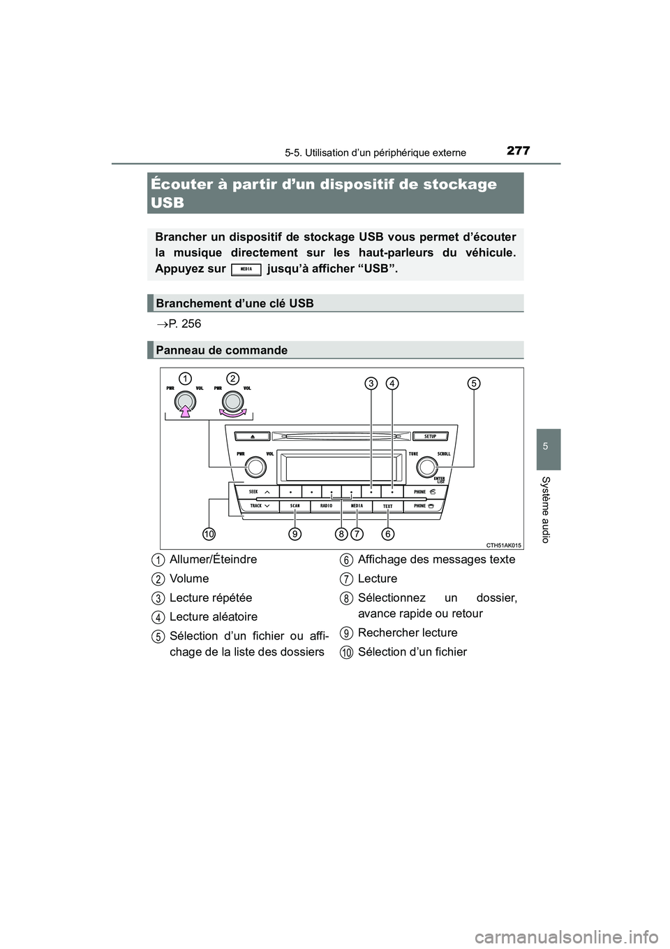 TOYOTA COROLLA 2016  Manuel du propriétaire (in French) 2775-5. Utilisation d’un périphérique externe
5
Système audio
COROLLA_TMMMS_TMMC_D (OM12J84D)
→P.  2 5 6
Écouter à partir d’un dispositif de stockage 
USB
Brancher un dispositif de stockage