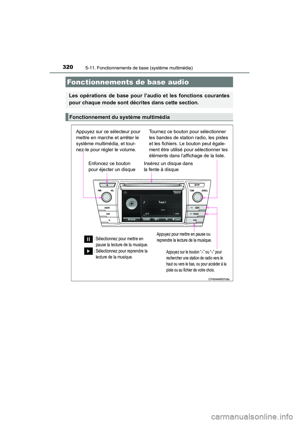 TOYOTA COROLLA 2016  Manuel du propriétaire (in French) 3205-11. Fonctionnements de base (système multimédia)
COROLLA_TMMMS_TMMC_D (OM12J84D)
Fonctionnements de base audio
Les opérations de base pour l’audio et les fonctions courantes
pour chaque mode