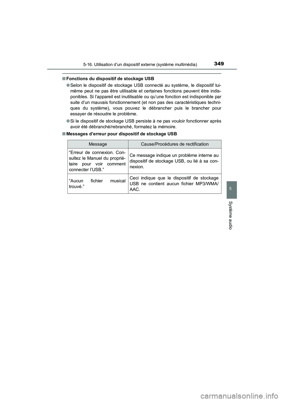 TOYOTA COROLLA 2016  Manuel du propriétaire (in French) 3495-16. Utilisation d’un dispositif externe (système multimédia)
5
Système audio
COROLLA_TMMMS_TMMC_D (OM12J84D)
■Fonctions du dispositif de stockage USB
●Selon le dispositif de stockage USB