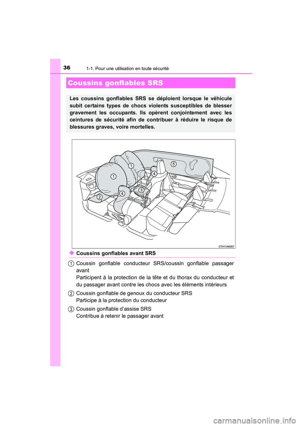 TOYOTA COROLLA 2016  Manuel du propriétaire (in French) 361-1. Pour une utilisation en toute sécurité
COROLLA_TMMMS_TMMC_D (OM12J84D)
◆Coussins gonflables avant SRS
Coussin gonflable conducteur SRS/coussin gonflable passager
avant
Participent à la pro