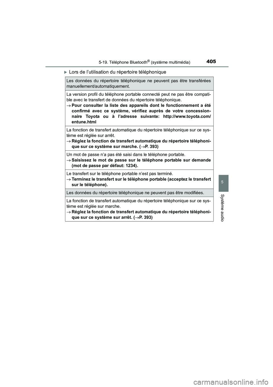 TOYOTA COROLLA 2016  Manuel du propriétaire (in French) 4055-19. Téléphone Bluetooth® (système multimédia)
5
Système audio
COROLLA_TMMMS_TMMC_D (OM12J84D)
�XLors de l’utilisation du répertoire téléphonique
Les données du répertoire téléphoni