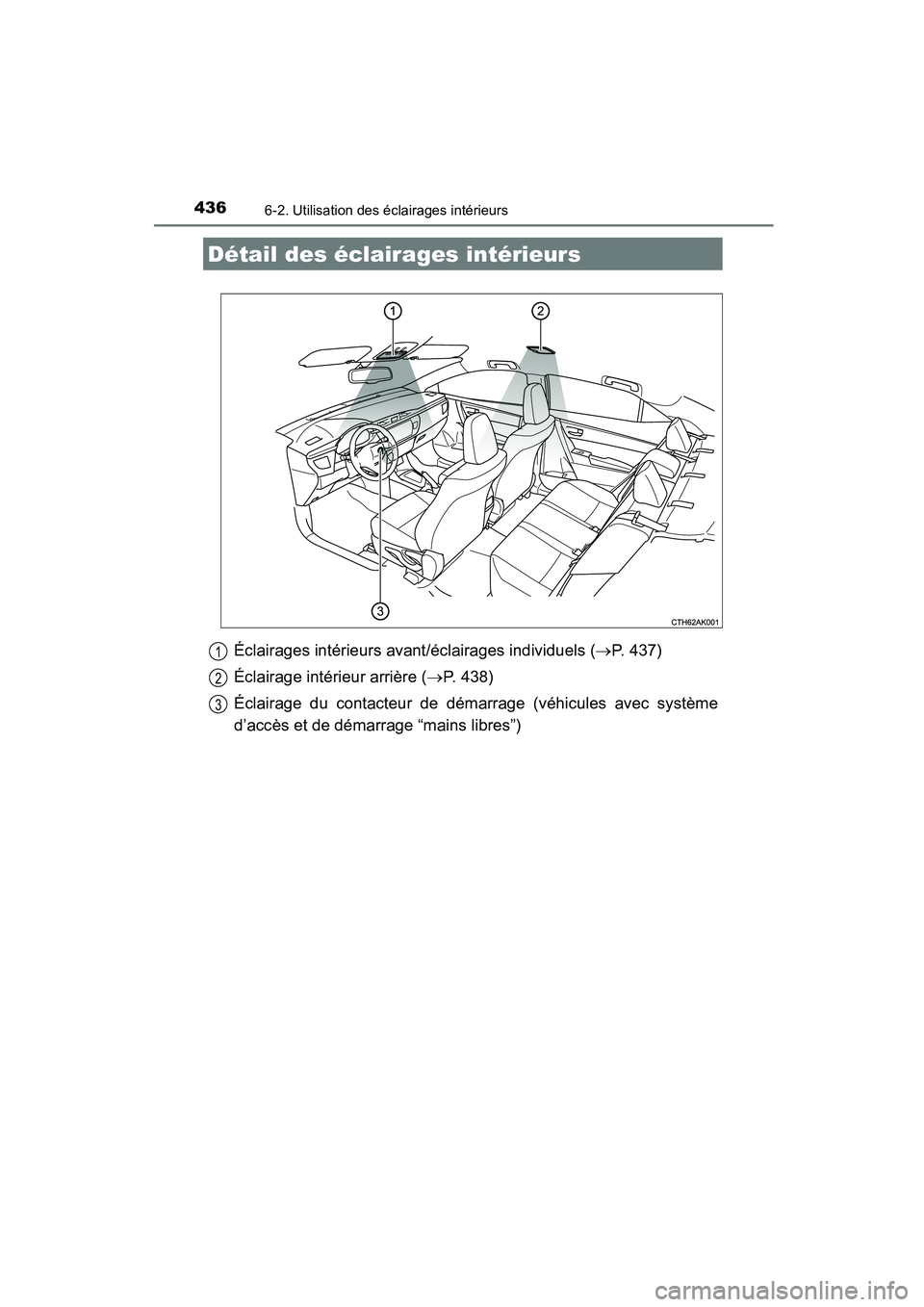 TOYOTA COROLLA 2016  Manuel du propriétaire (in French) 436
COROLLA_TMMMS_TMMC_D (OM12J84D)
6-2. Utilisation des éclairages intérieurs
Éclairages intérieurs avant/éclairages individuels (→P. 437)
Éclairage intérieur arrière ( →P. 438)
Éclairag