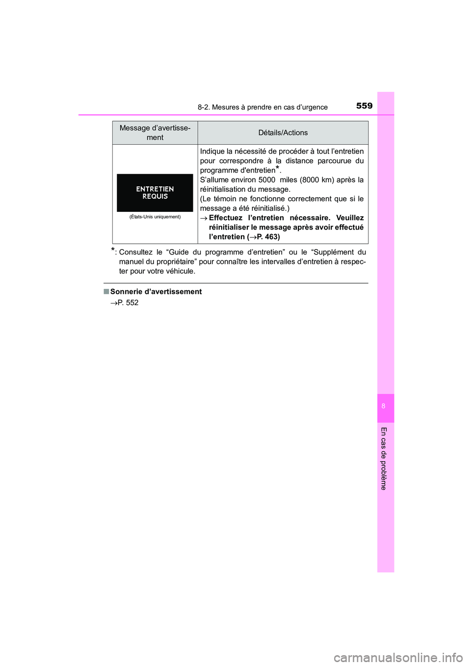 TOYOTA COROLLA 2016  Manuel du propriétaire (in French) 5598-2. Mesures à prendre en cas d’urgence
8
En cas de problème
COROLLA_TMMMS_TMMC_D (OM12J84D)
*: Consultez le “Guide du programme d’entretien” ou le “Supplément dumanuel du propriétair