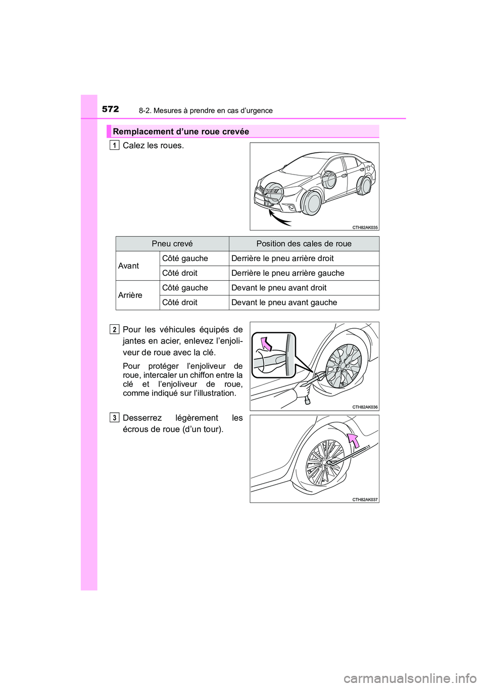 TOYOTA COROLLA 2016  Manuel du propriétaire (in French) 5728-2. Mesures à prendre en cas d’urgence
COROLLA_TMMMS_TMMC_D (OM12J84D)
Calez les roues.
Pour les véhicules équipés de
jantes en acier, enlevez l’enjoli-
veur de roue avec la clé.
Pour pro