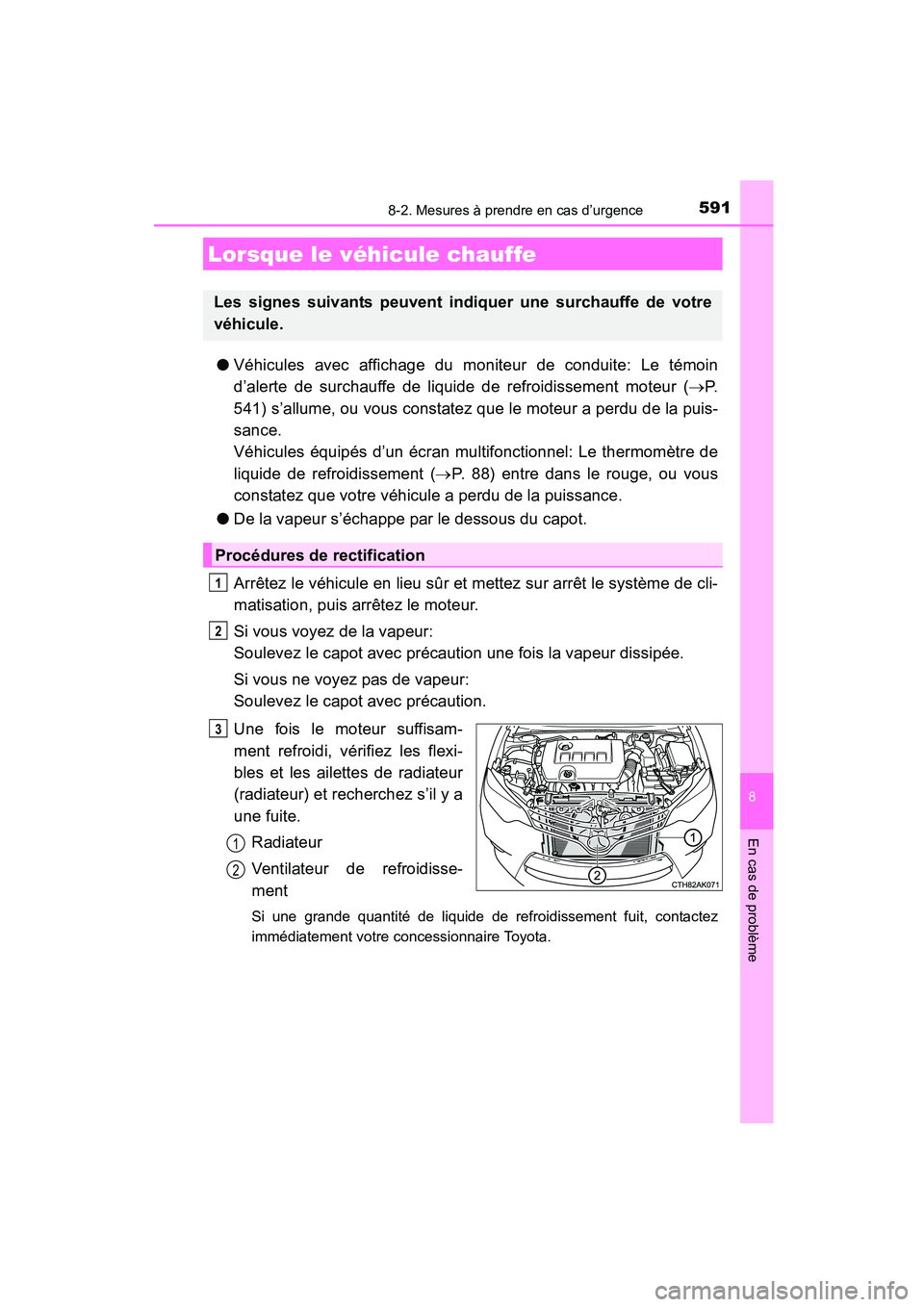 TOYOTA COROLLA 2016  Manuel du propriétaire (in French) 5918-2. Mesures à prendre en cas d’urgence
8
En cas de problème
COROLLA_TMMMS_TMMC_D (OM12J84D)
●Véhicules avec affichage du moniteur de conduite: Le témoin
d’alerte de surchauffe de liquide
