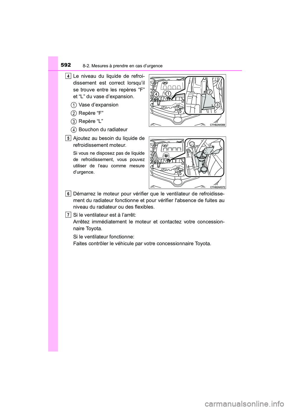 TOYOTA COROLLA 2016  Manuel du propriétaire (in French) 5928-2. Mesures à prendre en cas d’urgence
COROLLA_TMMMS_TMMC_D (OM12J84D)
Le niveau du liquide de refroi-
dissement est correct lorsqu’il
se trouve entre les repères “F”
et “L” du vase 