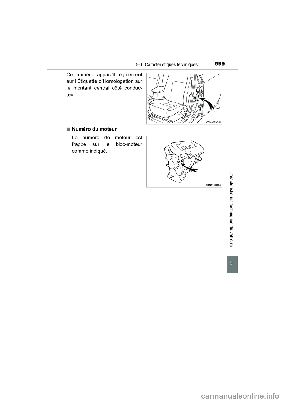 TOYOTA COROLLA 2016  Manuel du propriétaire (in French) 5999-1. Caractéristiques techniques
9
Caractéristiques techniques du véhicule
COROLLA_TMMMS_TMMC_D (OM12J84D)
Ce numéro apparaît également
sur l’Étiquette d’Homologation sur
le montant cent