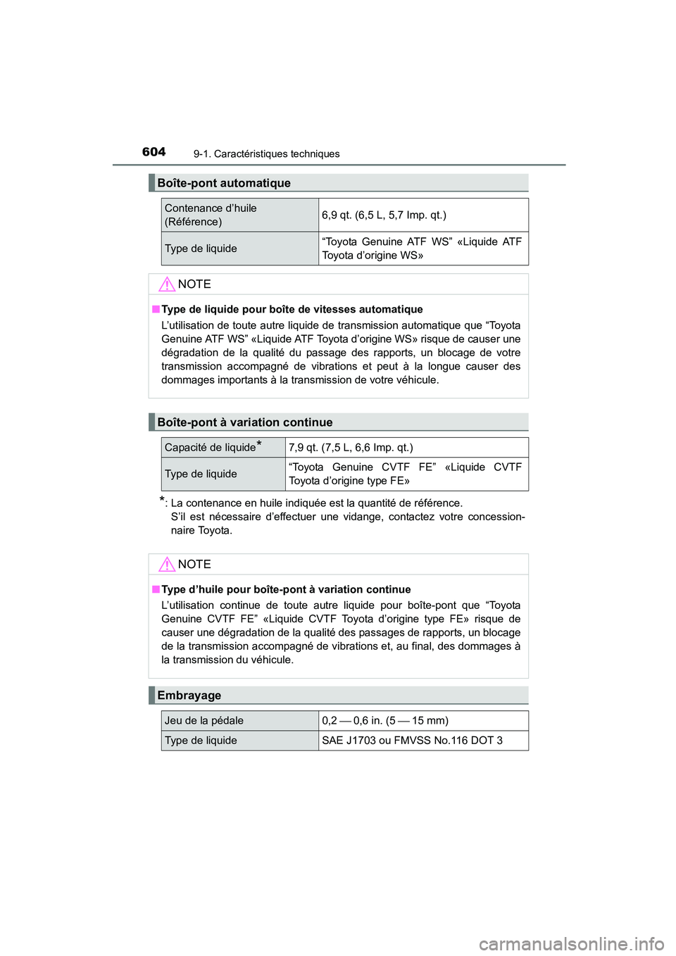 TOYOTA COROLLA 2016  Manuel du propriétaire (in French) 6049-1. Caractéristiques techniques
COROLLA_TMMMS_TMMC_D (OM12J84D)
*: La contenance en huile indiquée est la quantité de référence.S’il est nécessaire d’effectuer une vidange, contactez vot