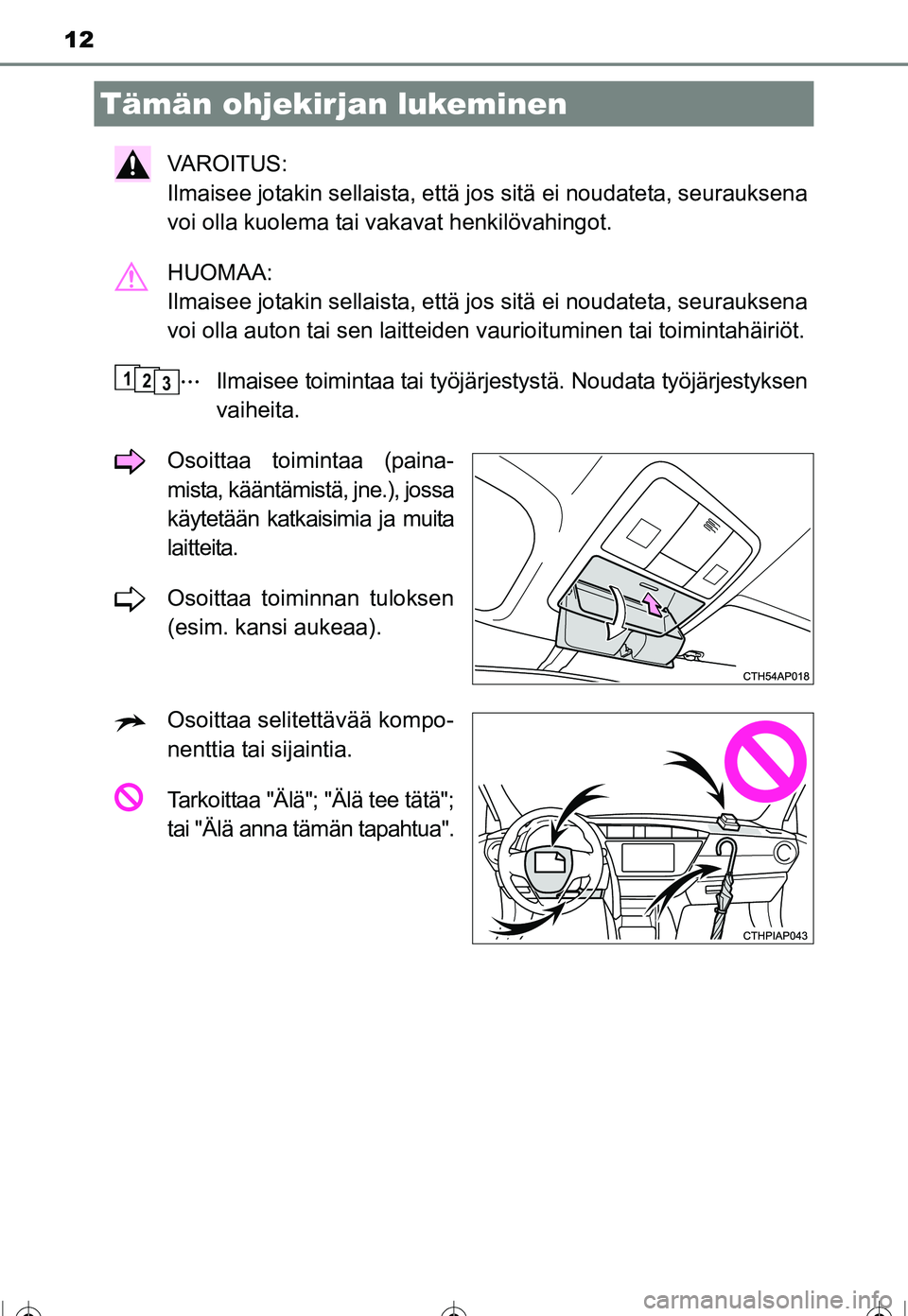 TOYOTA COROLLA 2016  Omistajan Käsikirja (in Finnish) 12
OM12J90FI
VAROITUS: 
Ilmaisee jotakin sellaista, että jos sitä ei noudateta, seurauksena
voi olla kuolema tai vakavat henkilövahingot.
HUOMAA: 
Ilmaisee jotakin sellaista, että jos sitä ei nou