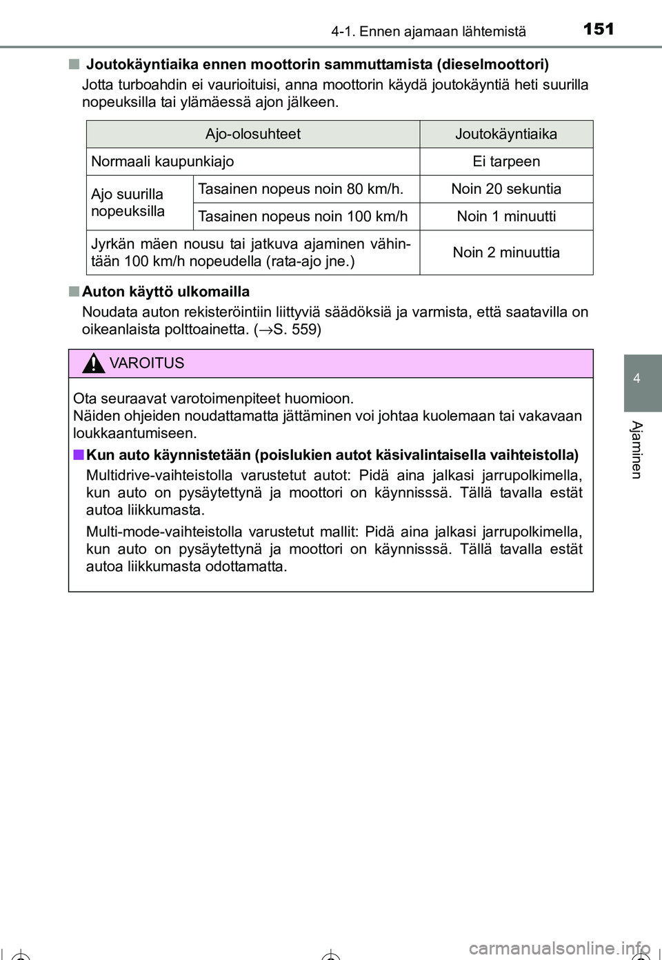 TOYOTA COROLLA 2016  Omistajan Käsikirja (in Finnish) 1514-1. Ennen ajamaan lähtemistä
OM12J90FI
4
Ajaminen
■ Joutokäyntiaika ennen moottorin  sammuttamista (dieselmoottori)
Jotta turboahdin ei vaurioituisi, anna moottorin käydä joutokäyntiä het