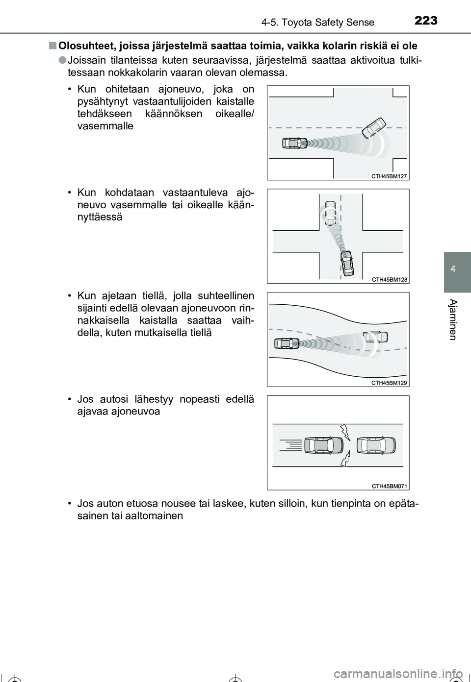TOYOTA COROLLA 2016  Omistajan Käsikirja (in Finnish) 2234-5. Toyota Safety Sense
OM12J90FI
4
Ajaminen
■Olosuhteet, joissa järjestelmä saattaa toimia, vaikka kolarin riskiä ei ole
●Joissain tilanteissa kuten seuraavissa, järjestelmä saattaa akti
