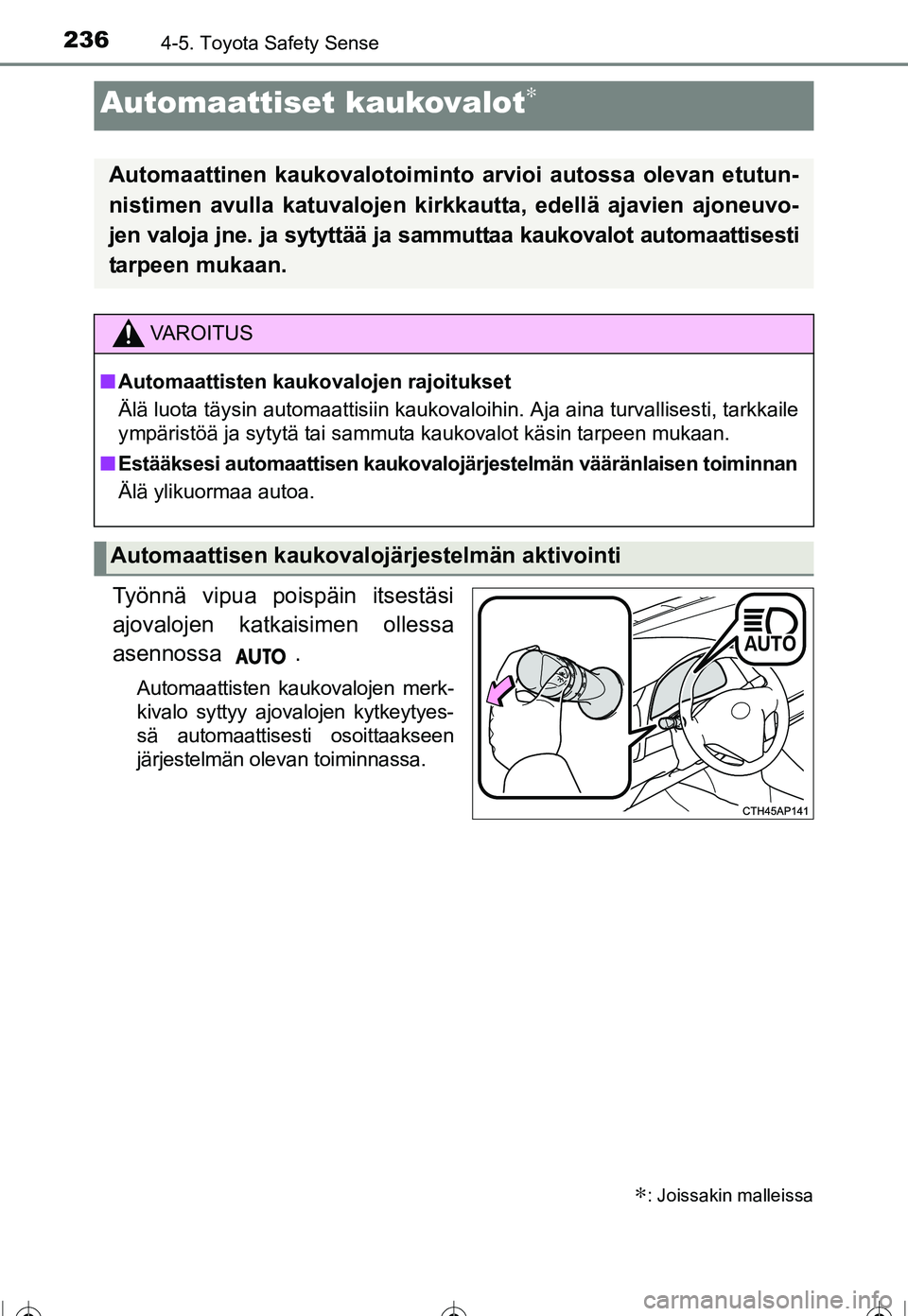 TOYOTA COROLLA 2016  Omistajan Käsikirja (in Finnish) 2364-5. Toyota Safety Sense
OM12J90FI
Työnnä vipua poispäin itsestäsi
ajovalojen katkaisimen ollessa
asennossa .
Automaattisten kaukovalojen merk-
kivalo syttyy ajovalojen kytkeytyes-
sä automaat