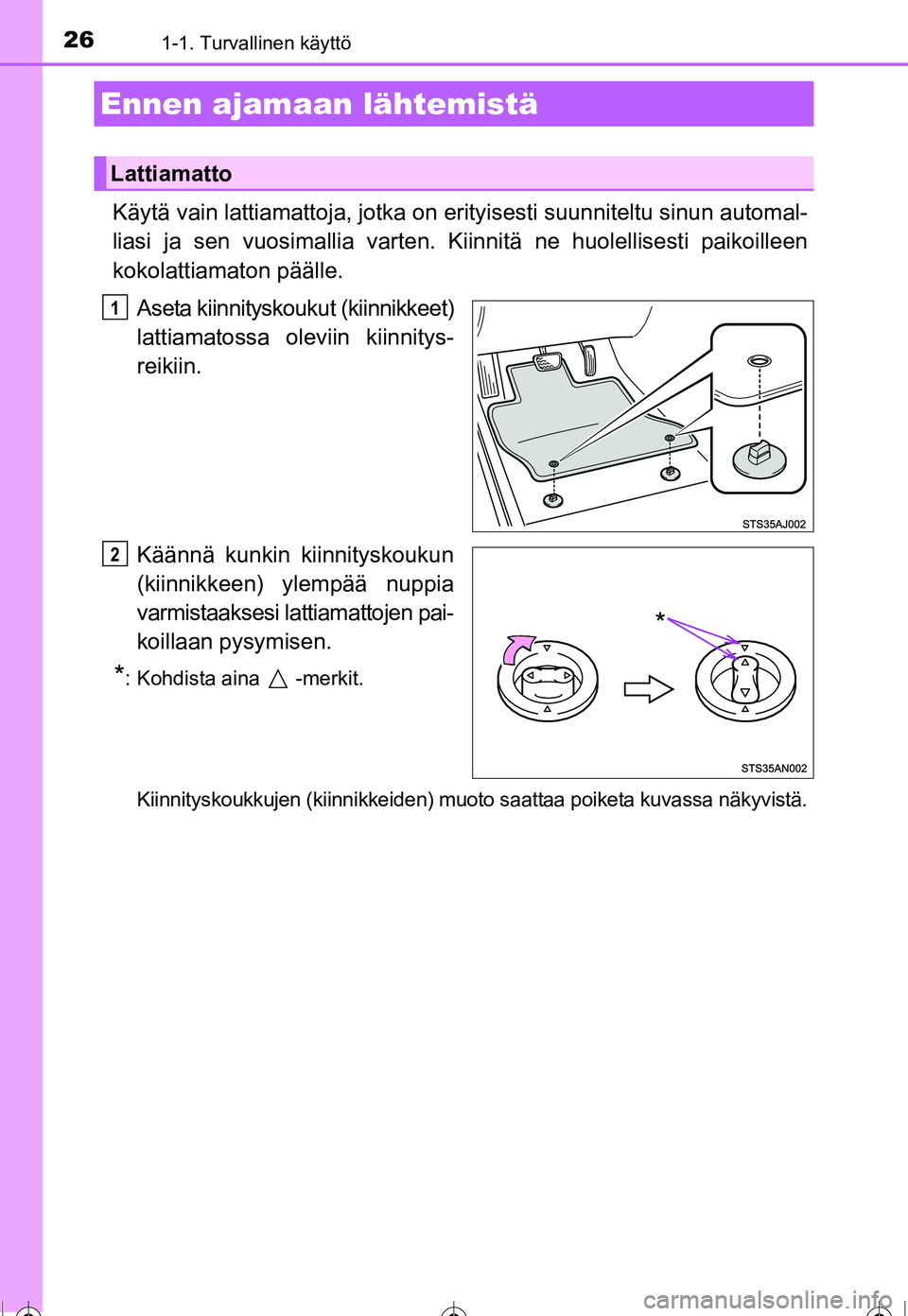 TOYOTA COROLLA 2016  Omistajan Käsikirja (in Finnish) 26
OM12J90FI
1-1. Turvallinen käyttö
Käytä vain lattiamattoja, jotka on erityisesti  suunniteltu sinun automal-
liasi ja sen vuosimallia varten. Ki innitä ne huolellisesti paikoilleen
kokolattiam